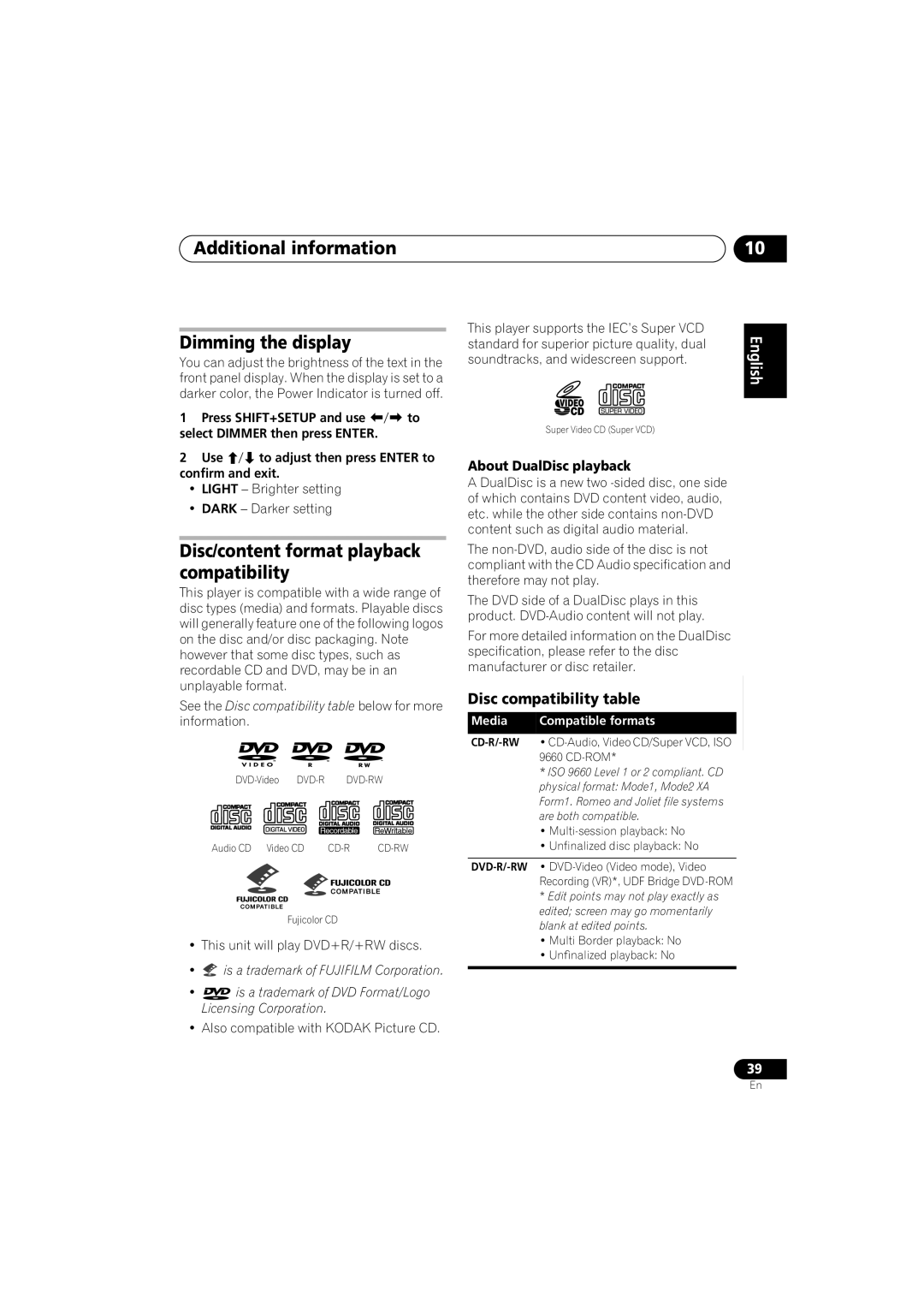 Pioneer S-DV4T Additional information Dimming the display, Disc/content format playback compatibility, Confirm and exit 