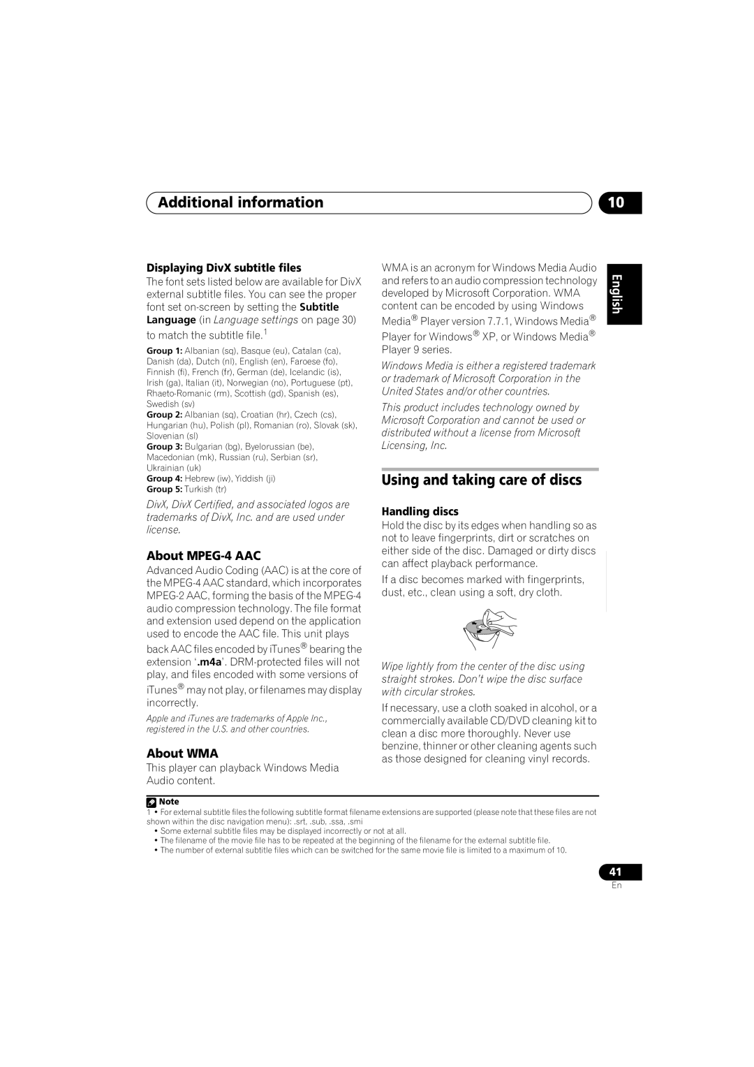 Pioneer HTZ565DVD, HTZ767DVD Using and taking care of discs, About MPEG-4 AAC, About WMA, Displaying DivX subtitle files 