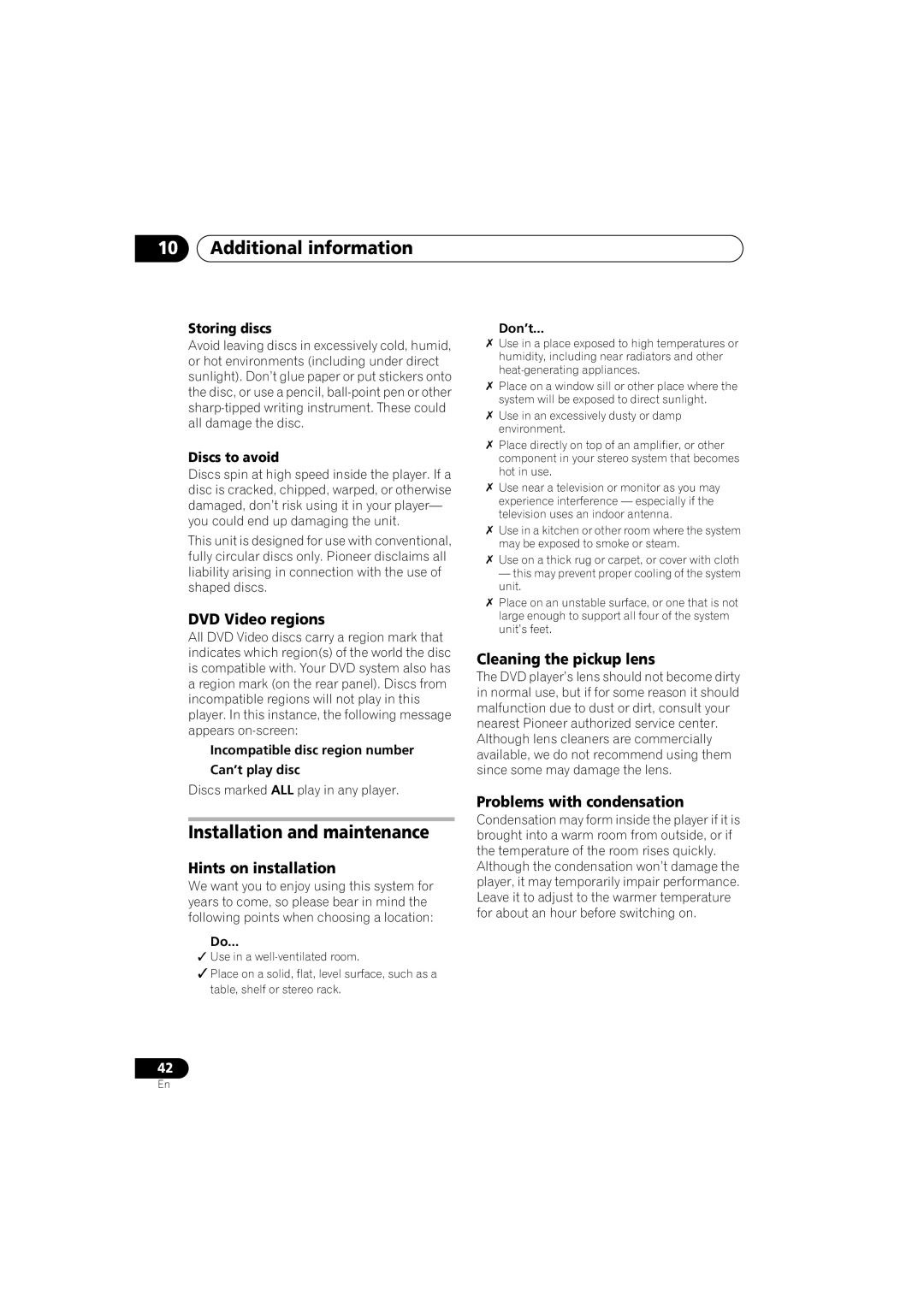 Pioneer XV-DV767, S-DV363 Installation and maintenance, DVD Video regions, Hints on installation, Cleaning the pickup lens 