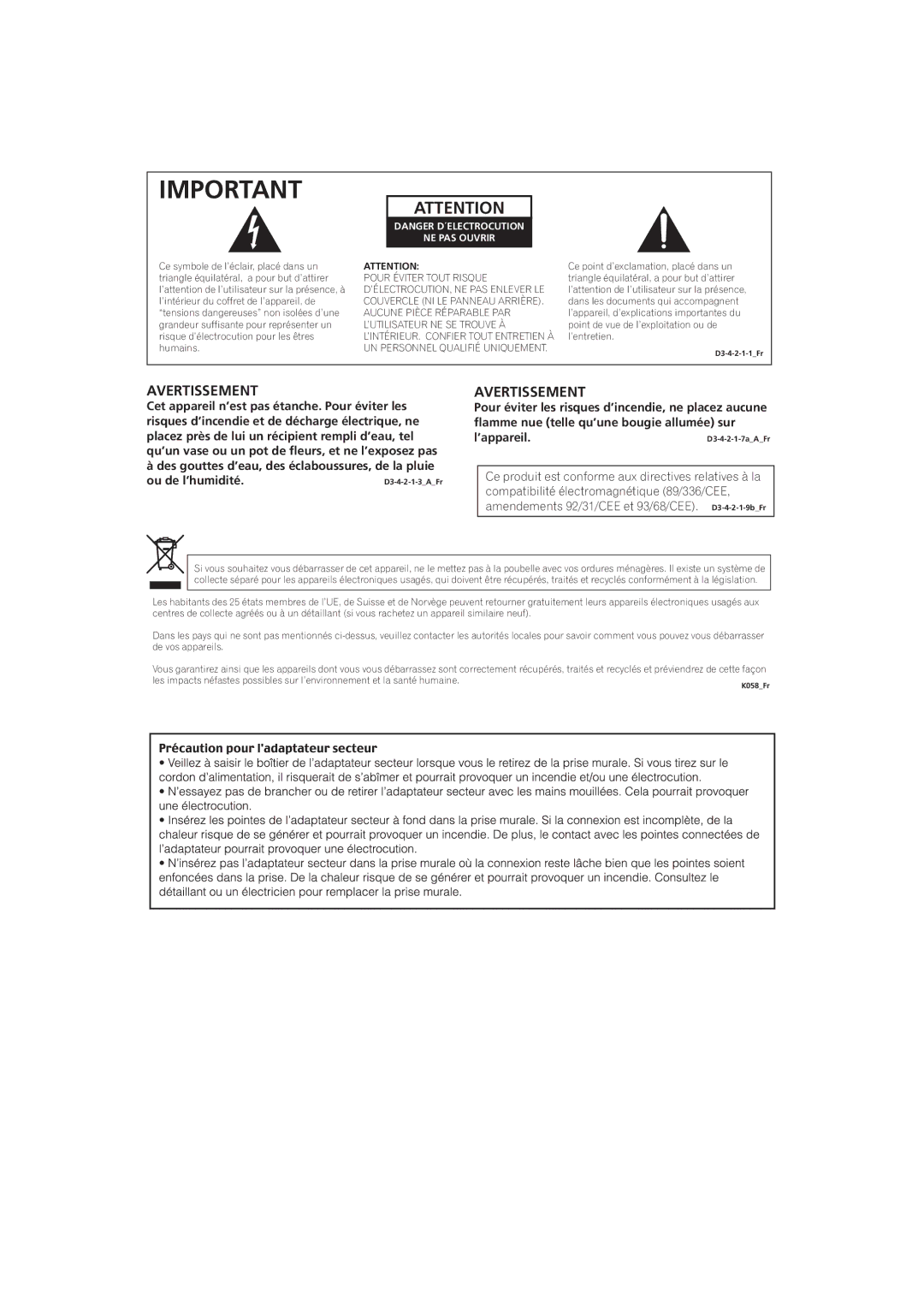 Pioneer IDK-01 manual Avertissement 