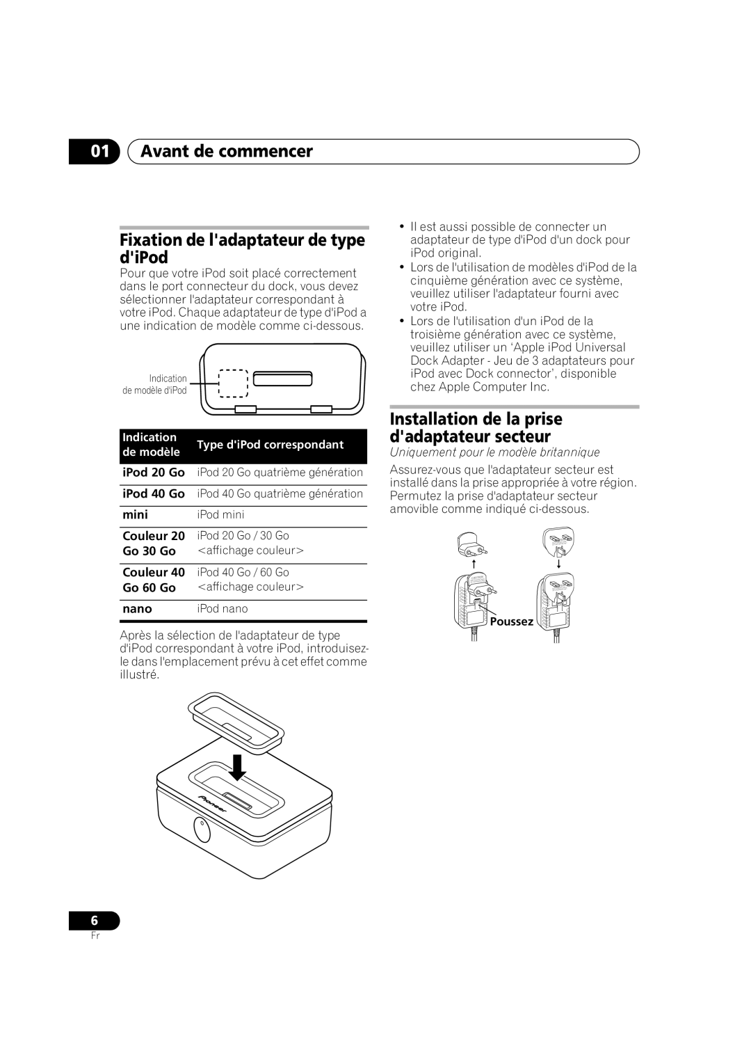 Pioneer IDK-01 Avant de commencer Fixation de ladaptateur de type diPod, Installation de la prise dadaptateur secteur 