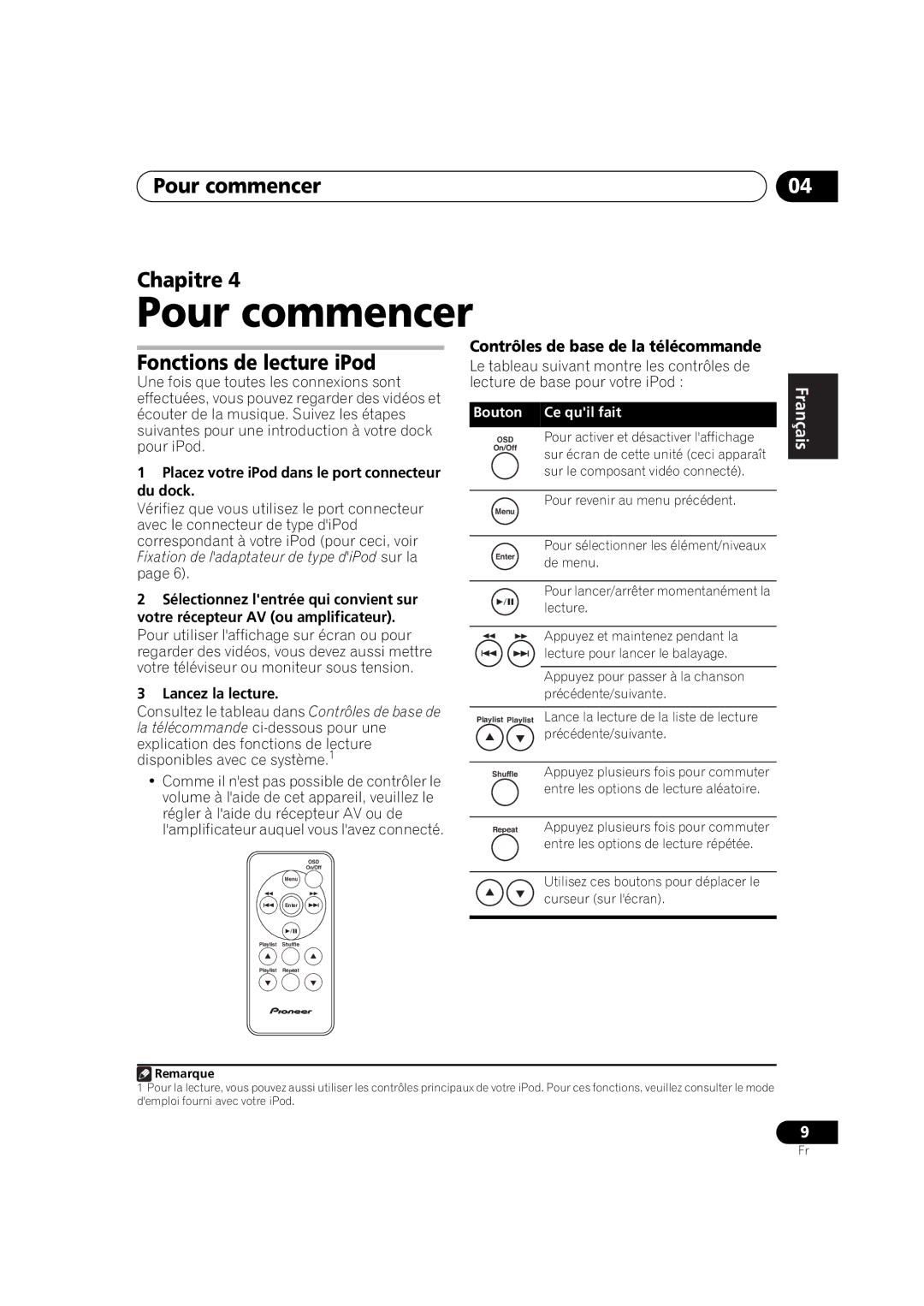 Pioneer IDK-01 manual Pour commencer Chapitre, Fonctions de lecture iPod, Contrôles de base de la télécommande 