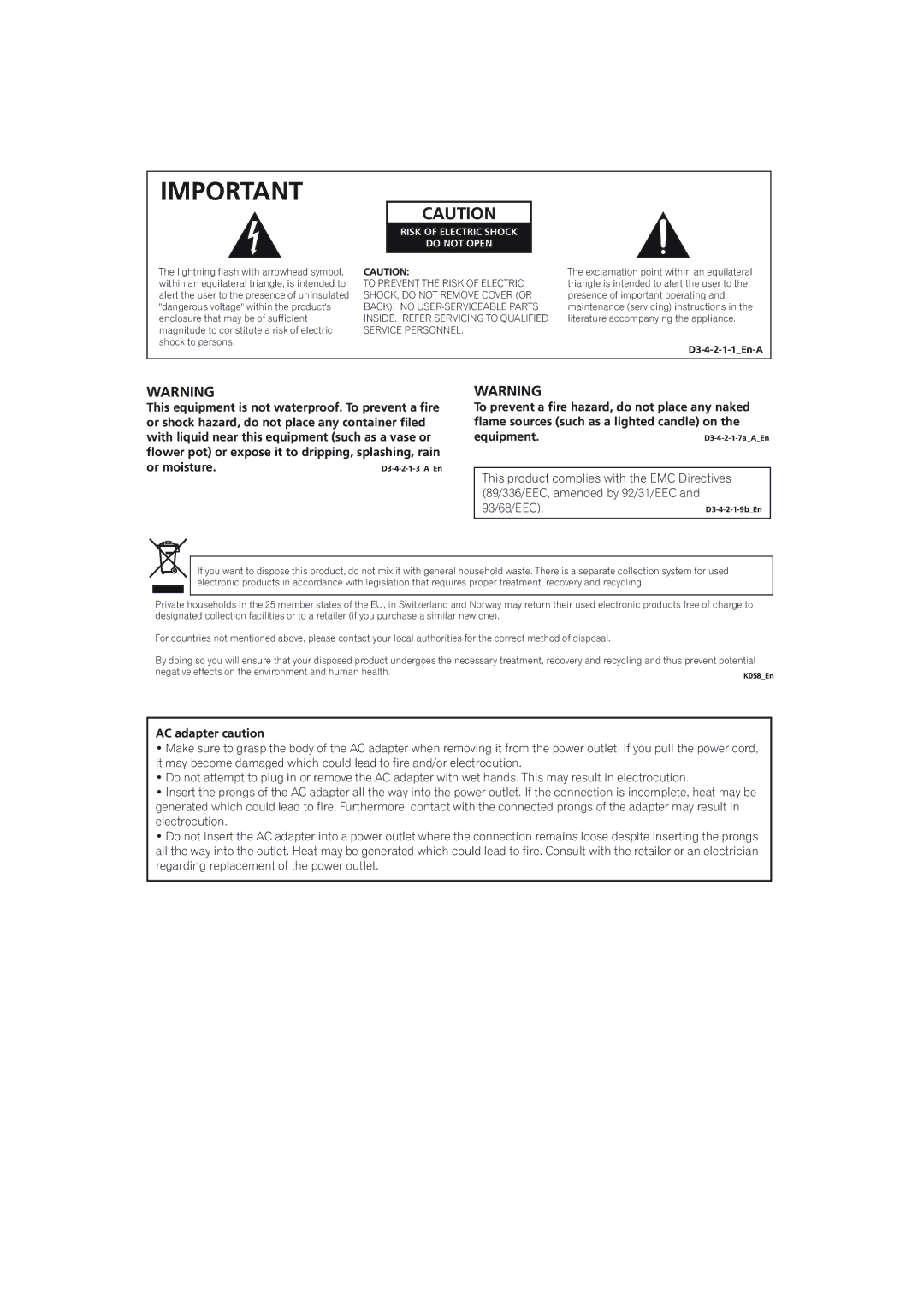 Pioneer IDK-01 manual AC adapter caution 