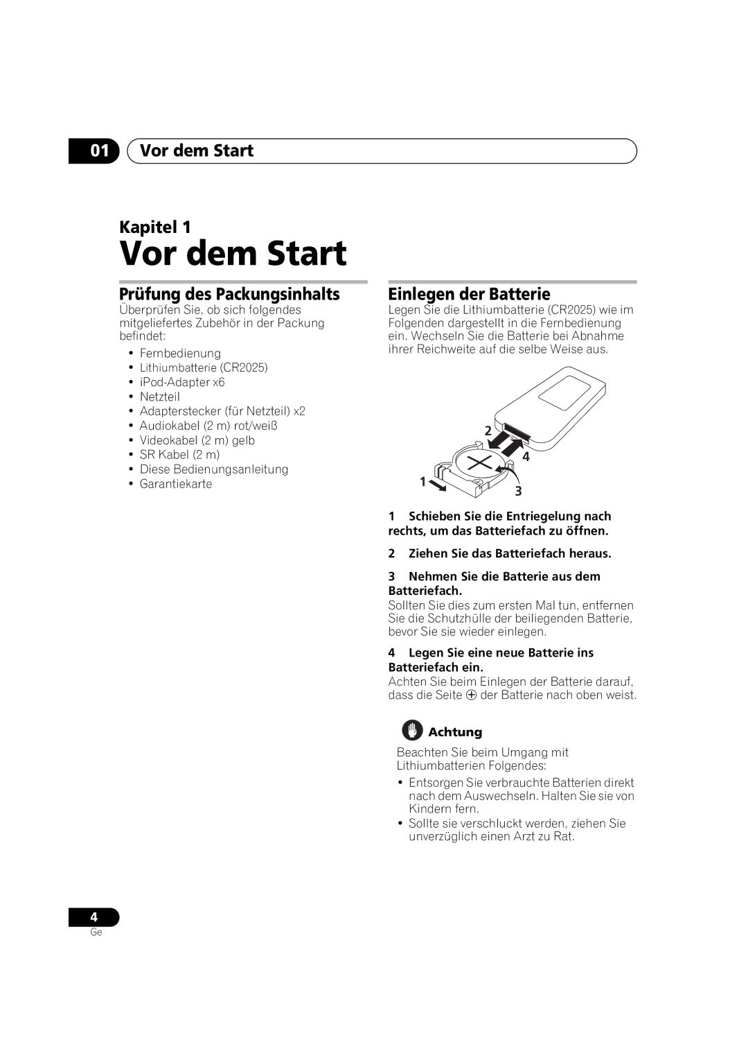 Pioneer IDK-01 manual Vor dem Start Kapitel, Prüfung des Packungsinhalts, Einlegen der Batterie 