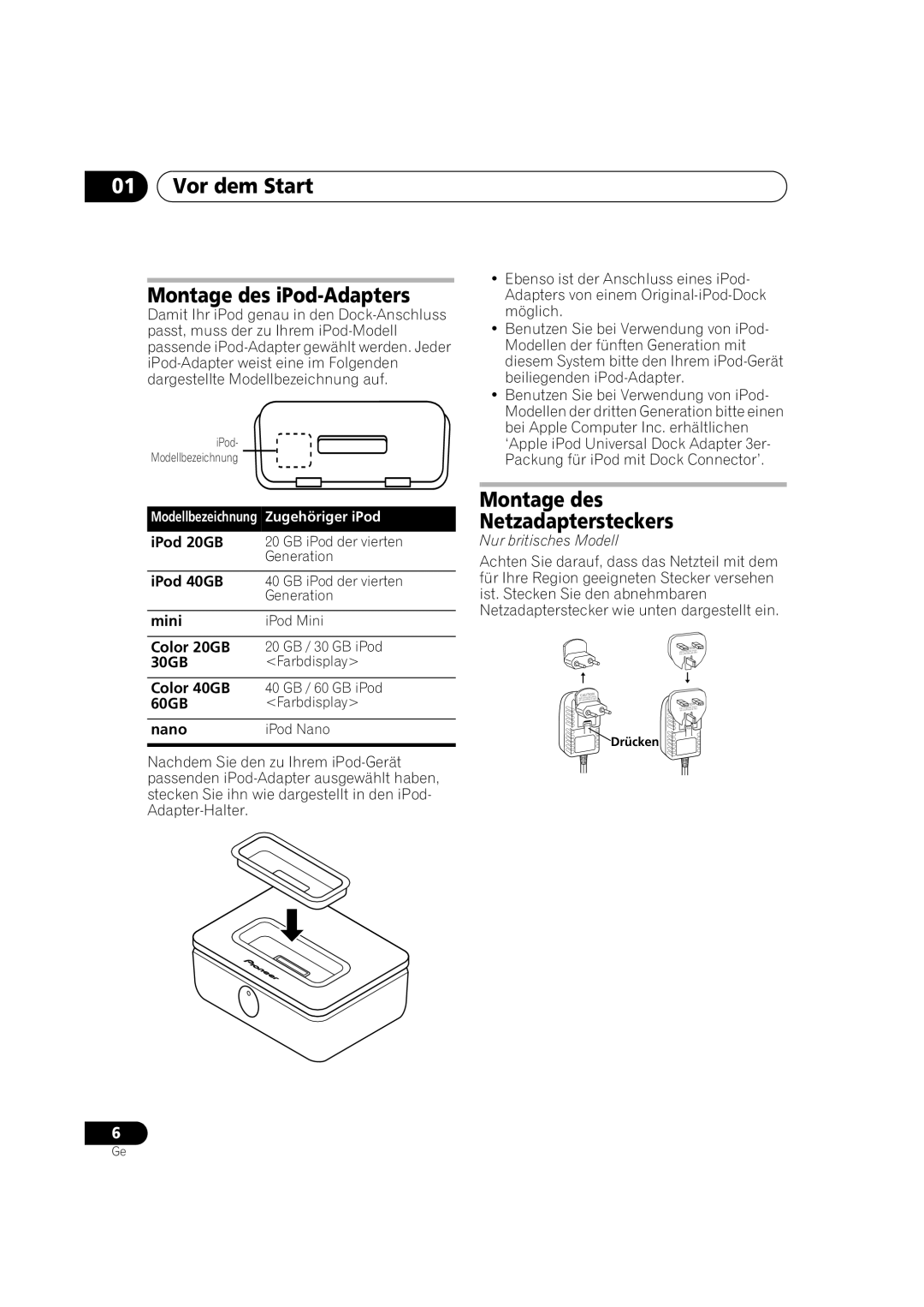 Pioneer IDK-01 manual Vor dem Start Montage des iPod-Adapters, Montage des Netzadaptersteckers 