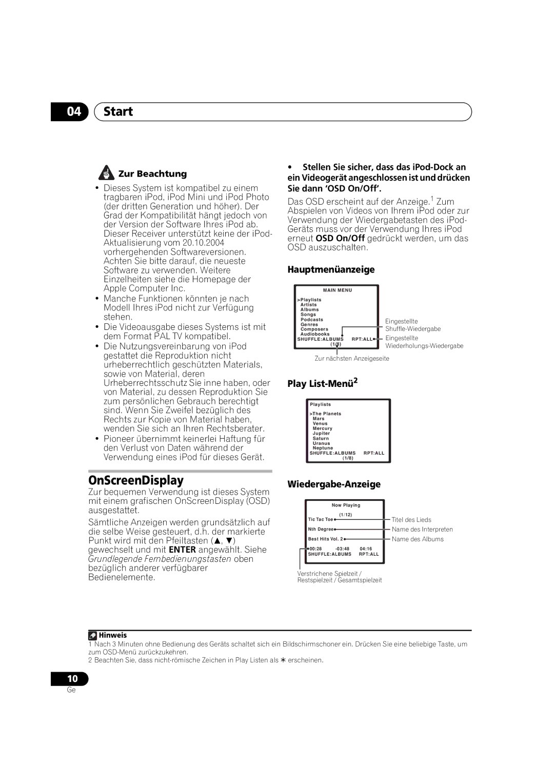 Pioneer IDK-01 manual Start, OnScreenDisplay, Hauptmenüanzeige, Play List-Menü2, Wiedergabe-Anzeige 