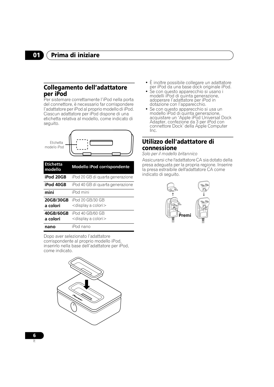 Pioneer IDK-01 Prima di iniziare Collegamento dell’adattatore per iPod, Utilizzo delladattatore di connessione, Premi 