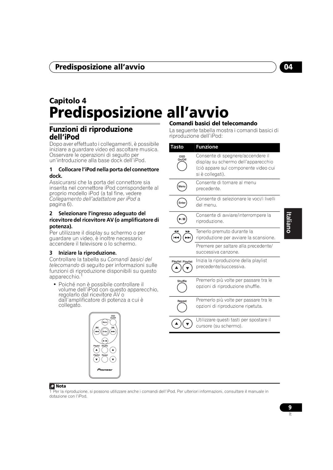 Pioneer IDK-01 manual Predisposizione all’avvio Capitolo, Funzioni di riproduzione dell’iPod, Français, Italiano 