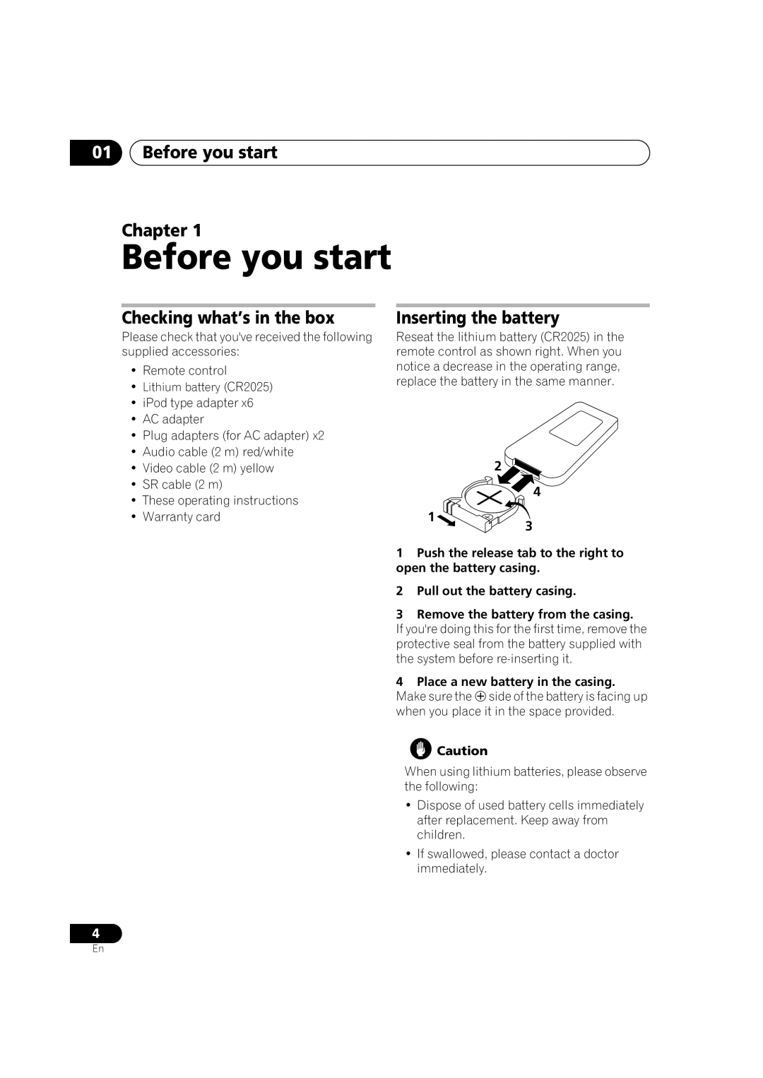 Pioneer IDK-01 manual Before you start Chapter, Checking what’s in the box, Inserting the battery 