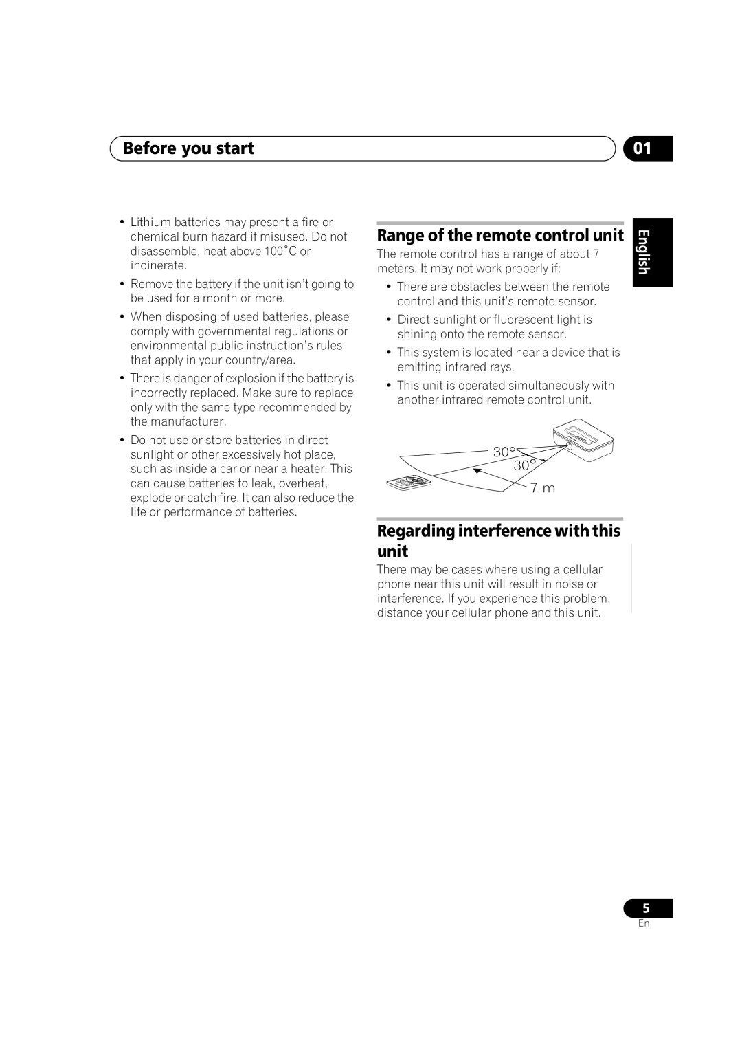 Pioneer IDK-01 manual Before you start, Regarding interference with this unit, Range of the remote control unit 