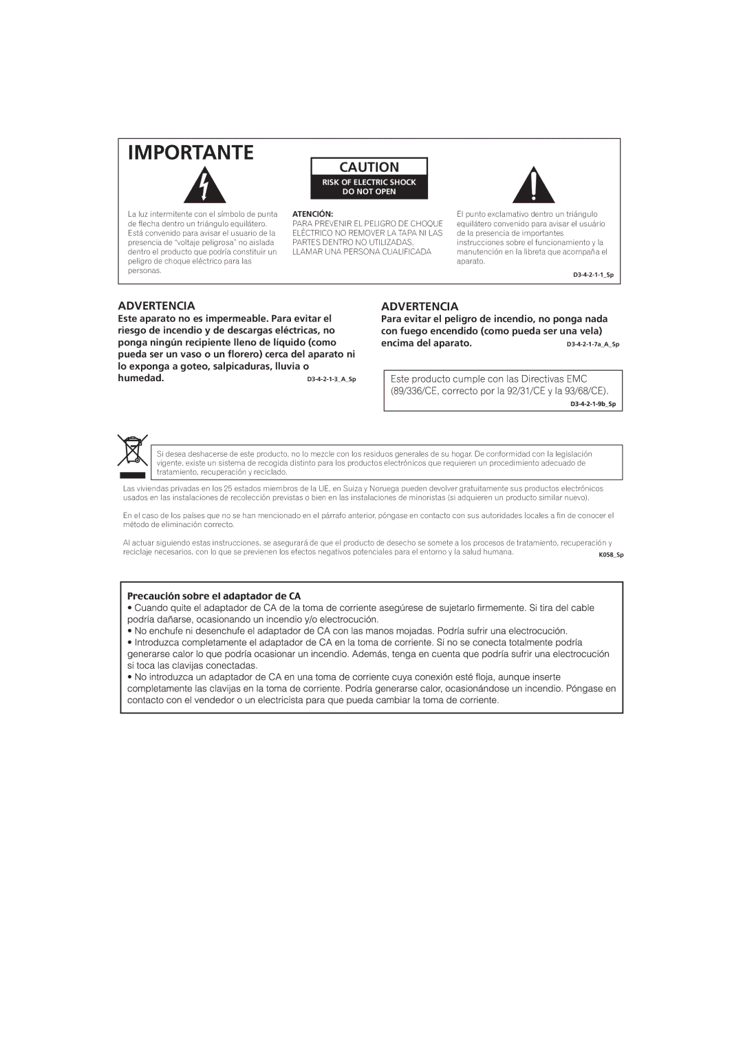 Pioneer IDK-01 manual Advertencia 