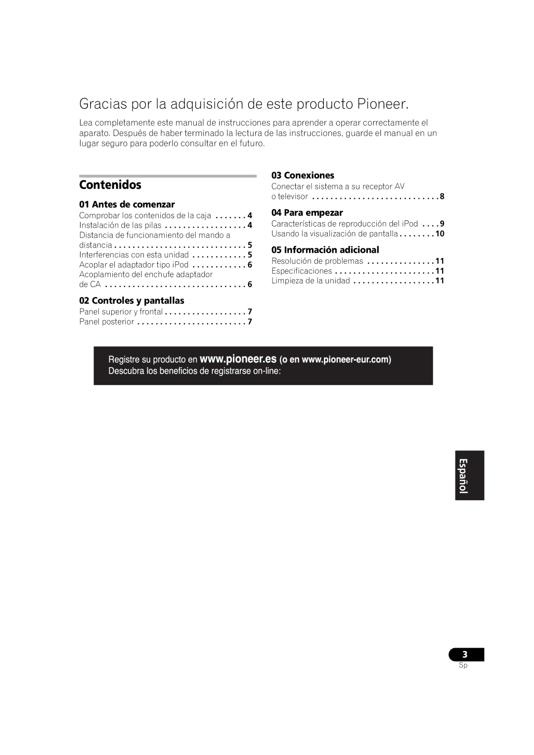 Pioneer IDK-01 manual Contenidos, English Français Deut, Sch Italiano Nederlands Español 