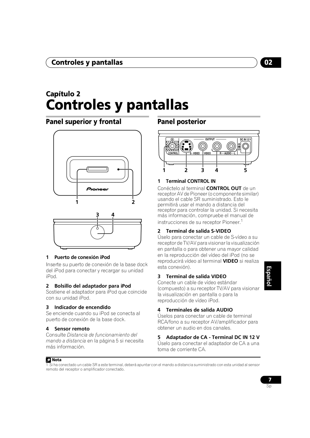 Pioneer IDK-01 manual Controles y pantallas Capítulo, Panel superior y frontal Panel posterior 