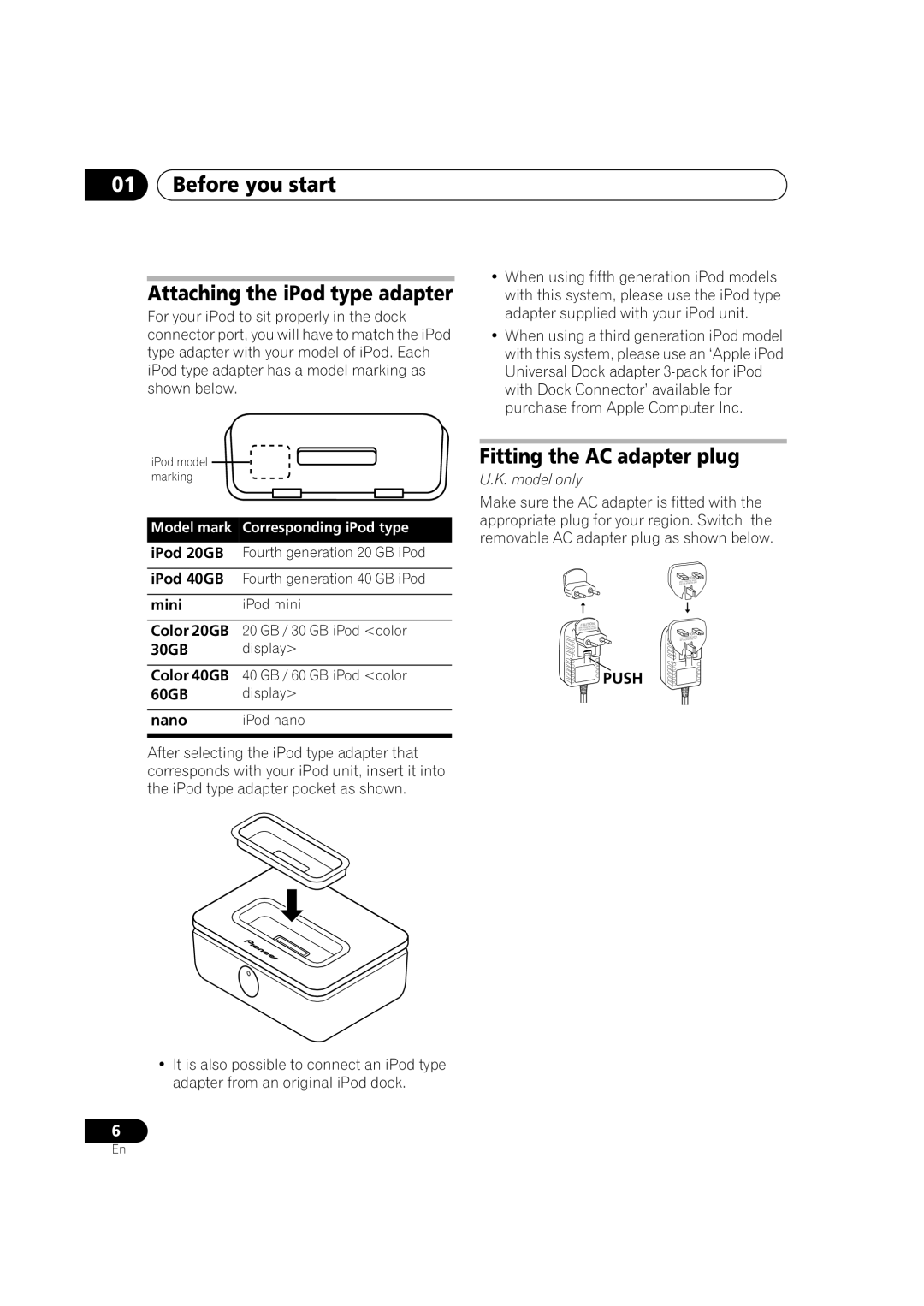 Pioneer IDK-01 manual Before you start Attaching the iPod type adapter, Fitting the AC adapter plug, Mini IPod mini 