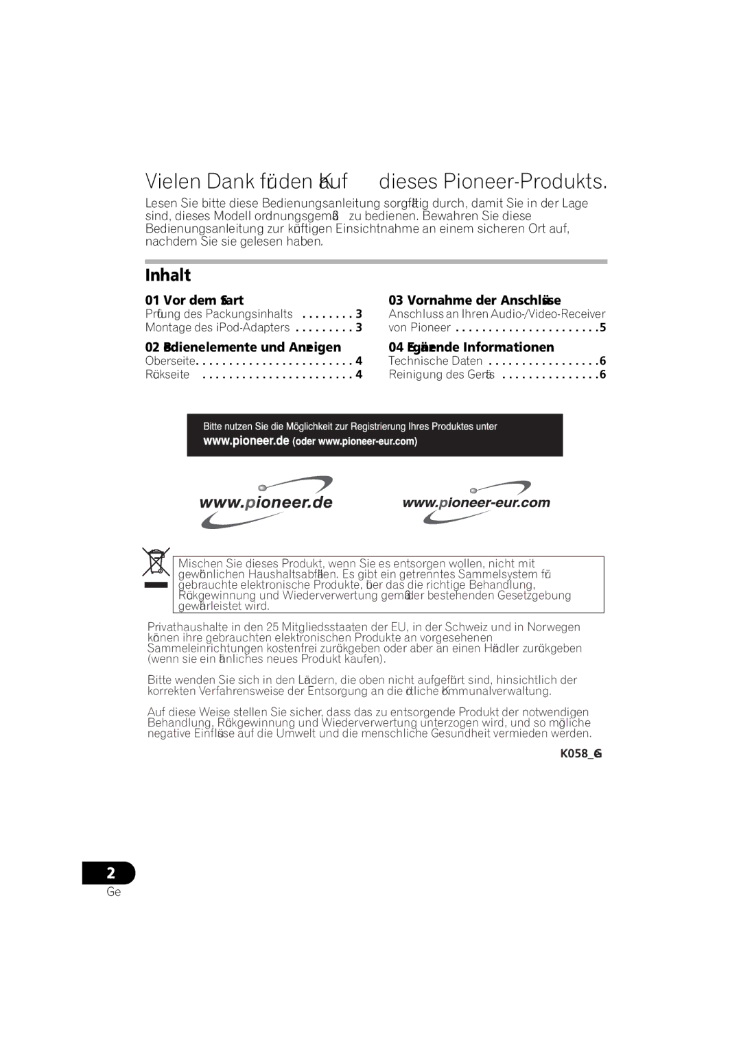 Pioneer IDK-80 manual Vielen Dank für den Kauf dieses Pioneer-Produkts, Inhalt, Vor dem Start Vornahme der Anschlüsse 