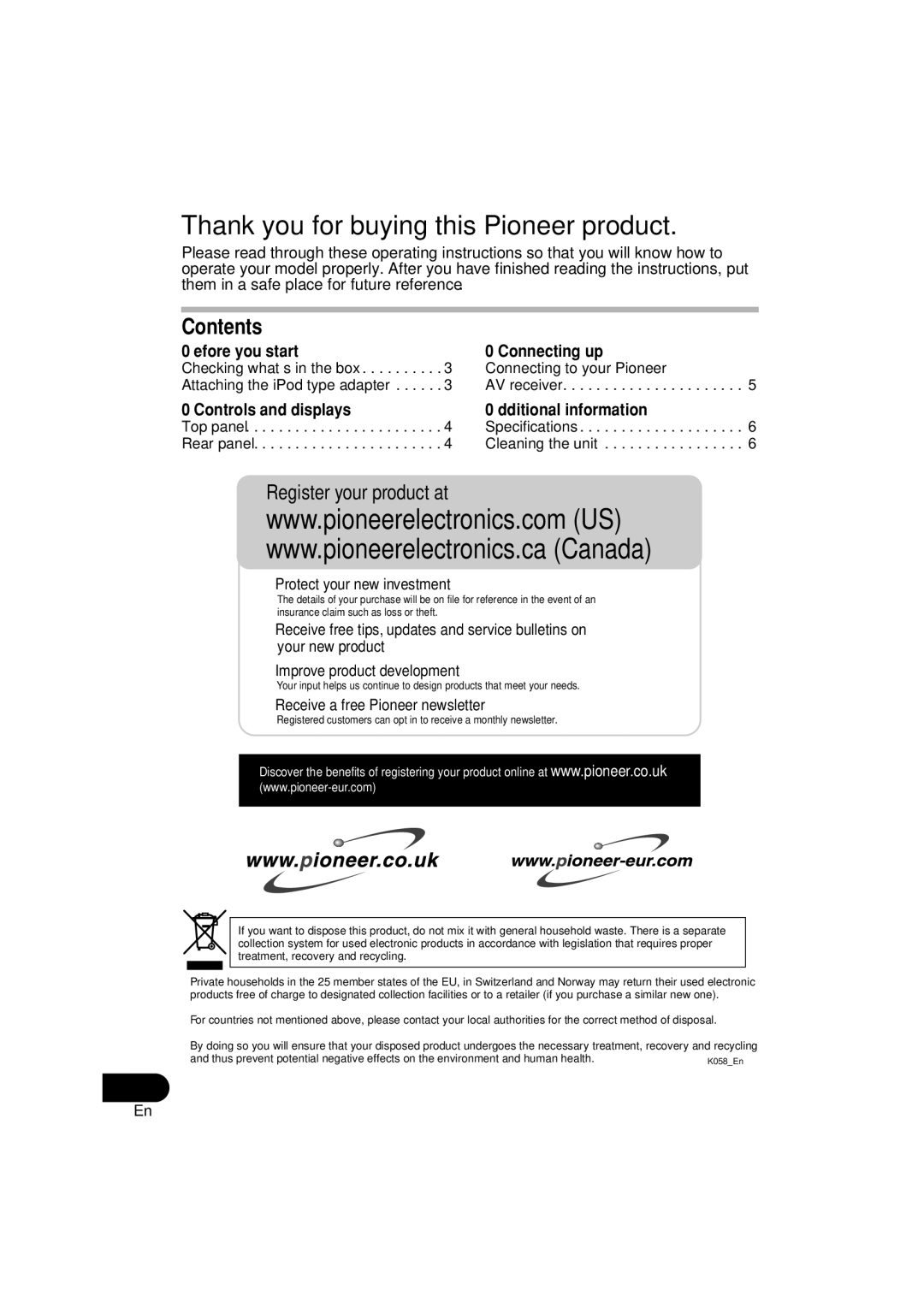 Pioneer IDK-80 manual Thank you for buying this Pioneer product, Contents 