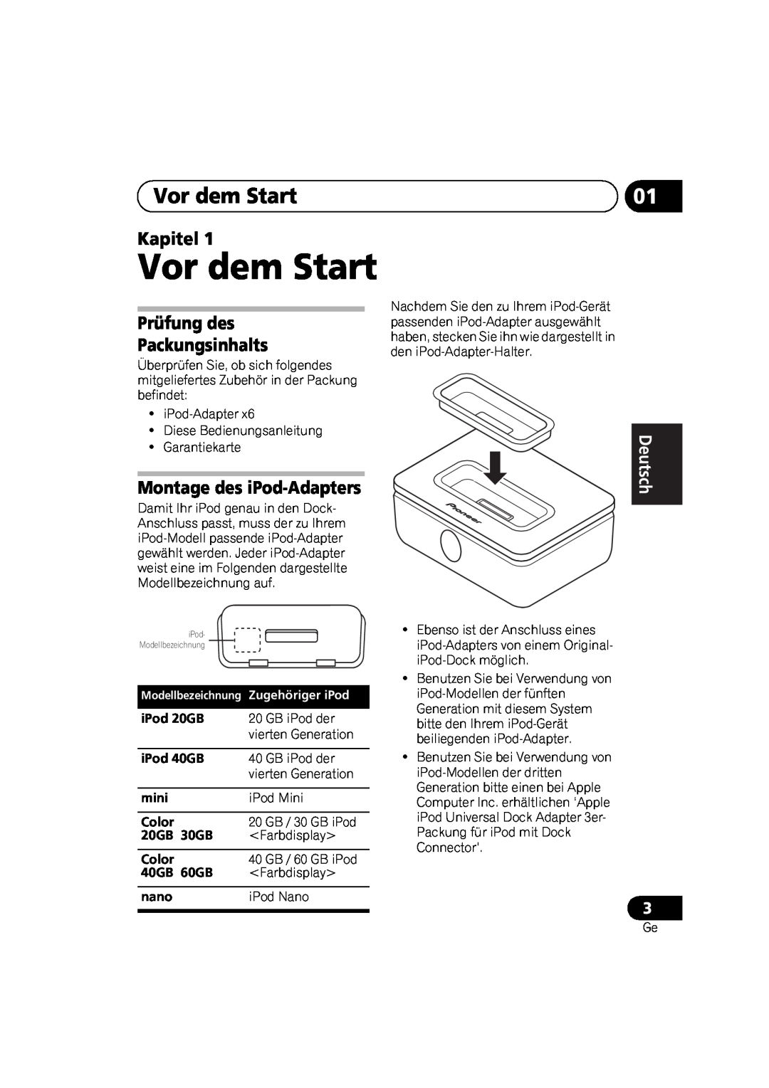 Pioneer IDK-80 Vor dem Start, Kapitel, Prüfung des Packungsinhalts, Montage des iPod-Adapters, English Français Deutsch 