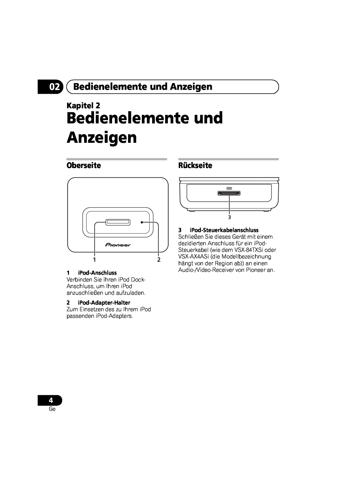 Pioneer IDK-80 manual Bedienelemente und Anzeigen, OberseiteRückseite, iPod-Steuerkabelanschluss, iPod-Anschluss, Kapitel 