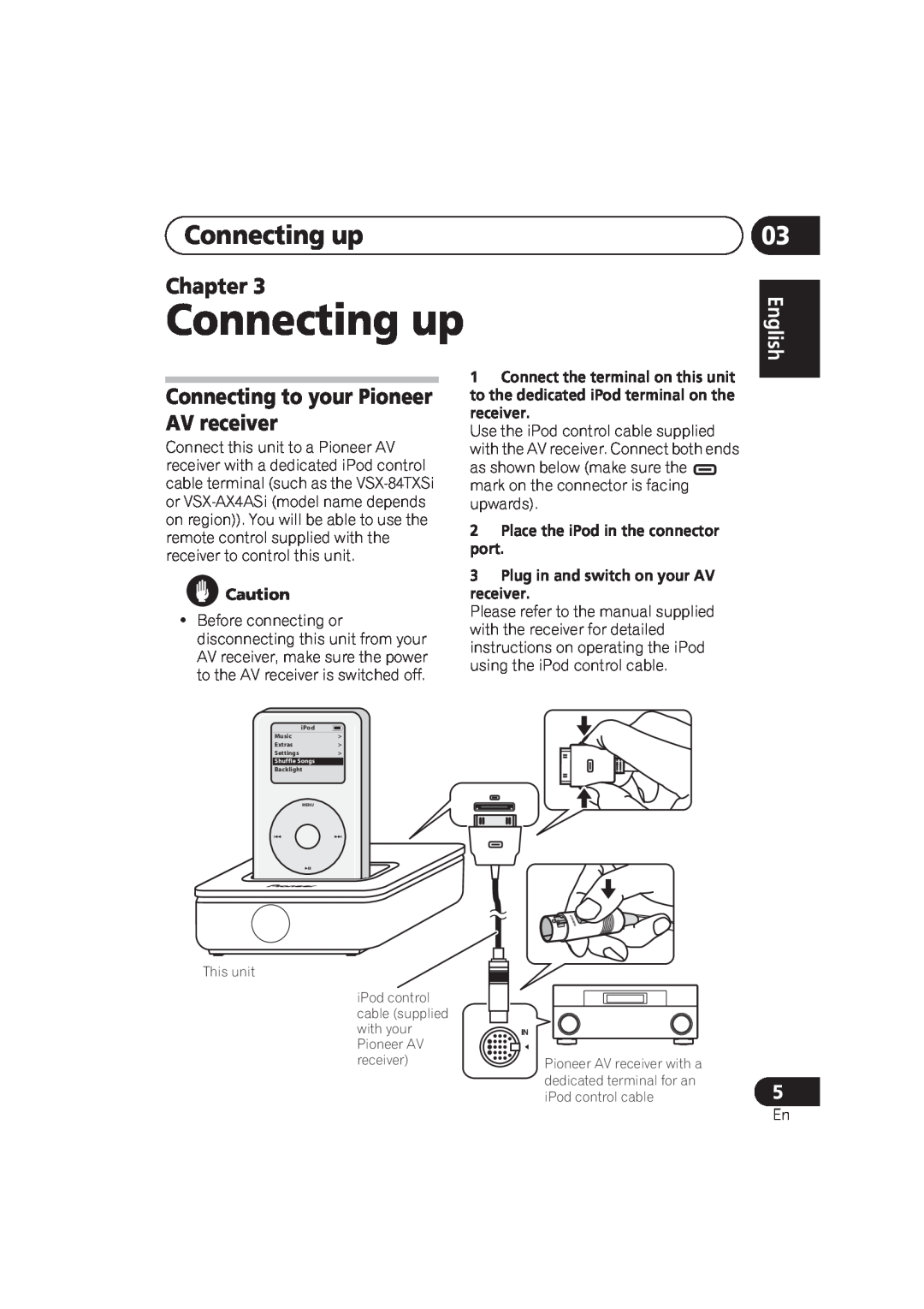 Pioneer IDK-80 Connecting up, Connecting to your Pioneer AV receiver, Place the iPod in the connector port, Chapter, 日本 語 