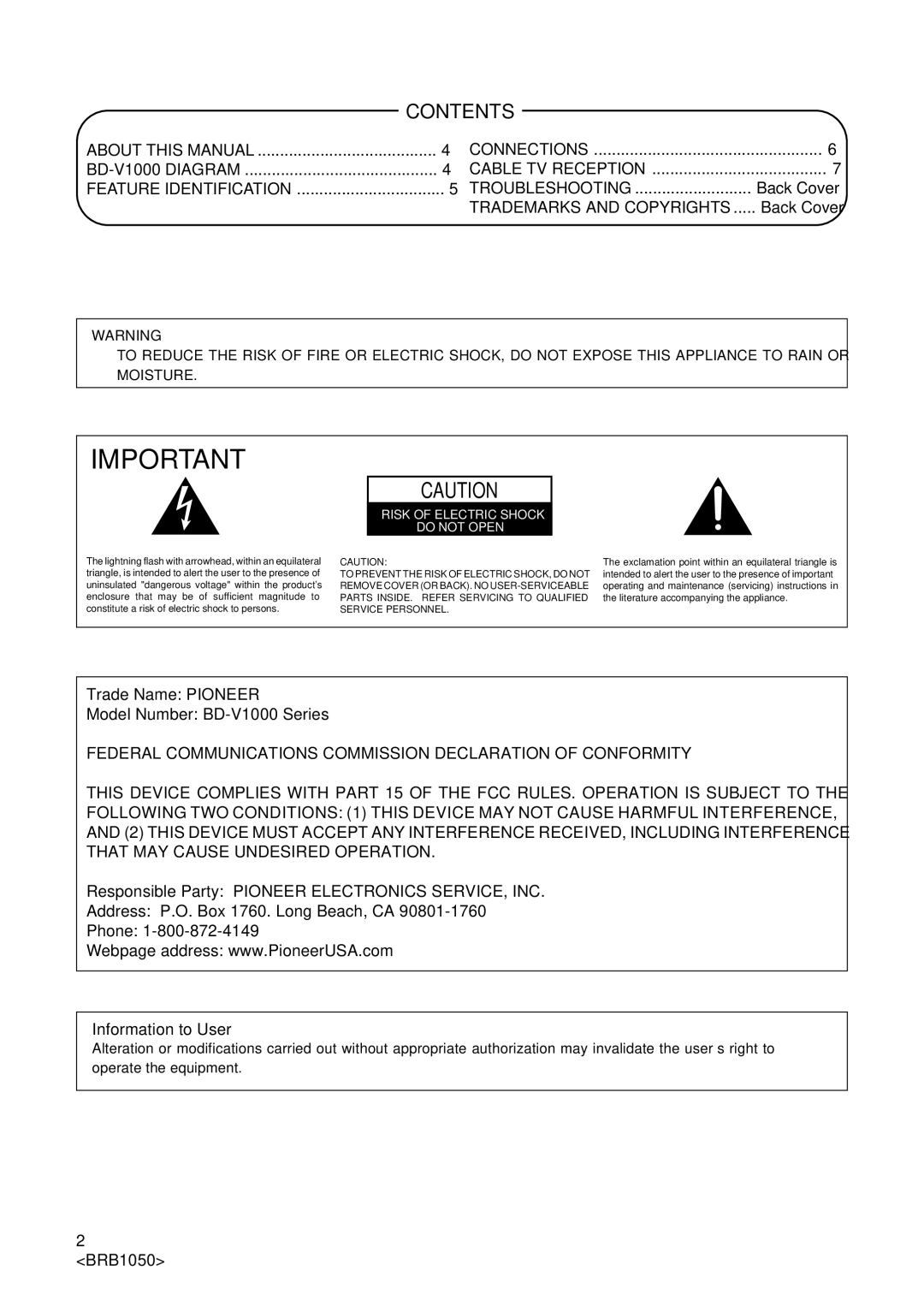 Pioneer Industrial BD-V1000 Series operating instructions Contents 