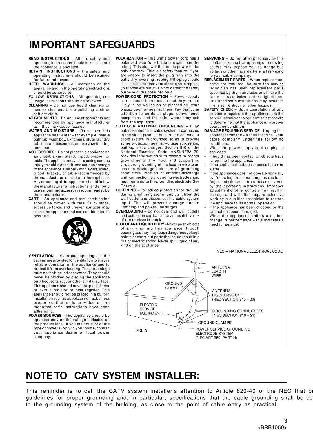 Pioneer Industrial BD-V1000 Series operating instructions Important Safeguards, FIG. a 