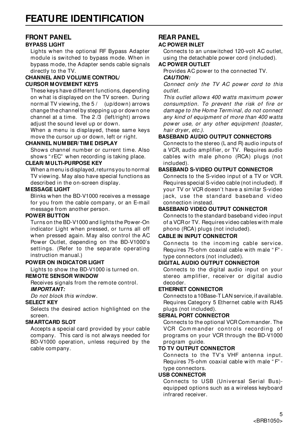 Pioneer Industrial BD-V1000 Series operating instructions Feature Identification 