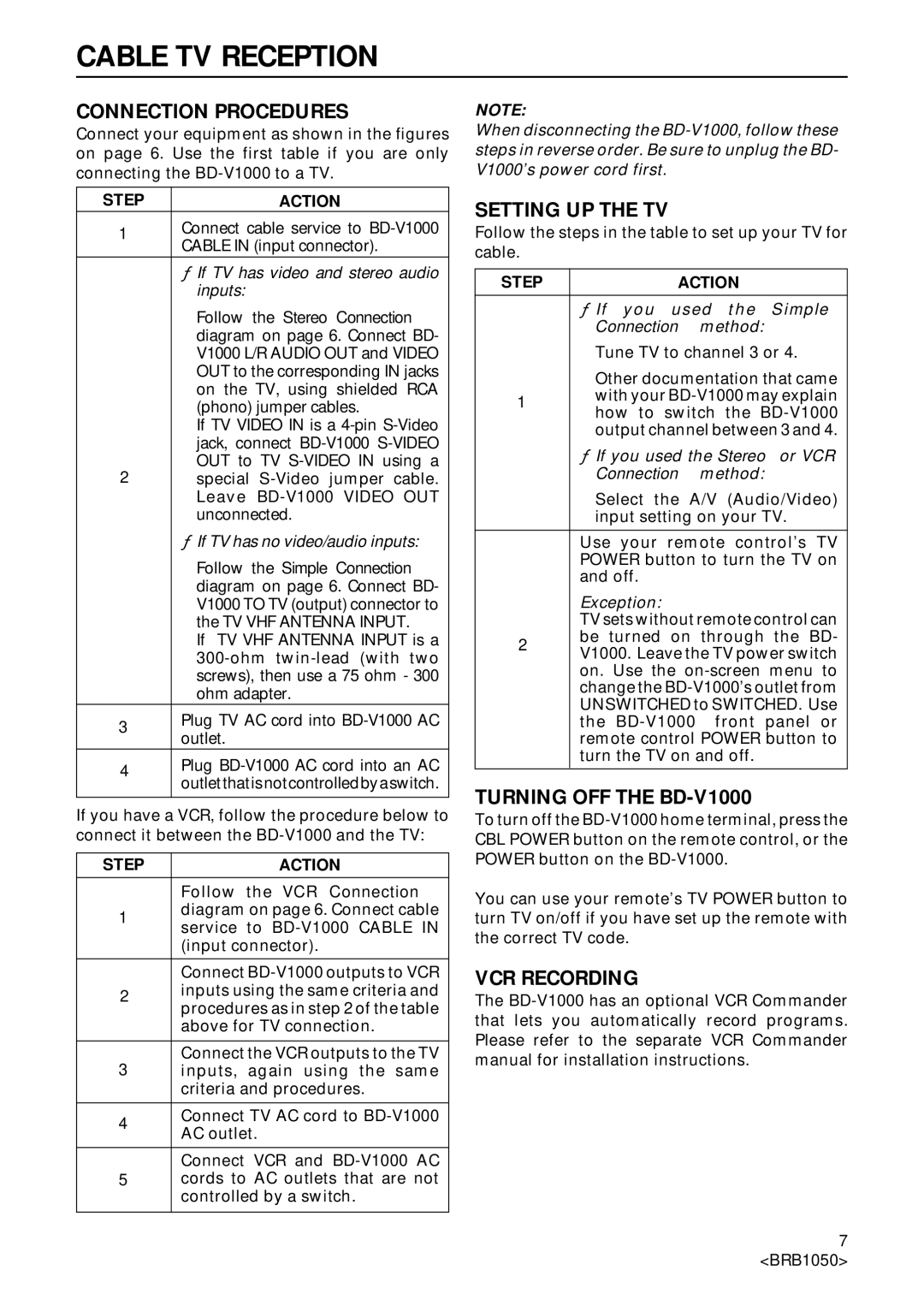 Pioneer Industrial BD-V1000 Series Cable TV Reception, Connection Procedures, Setting UP the TV, Turning OFF the BD-V1000 