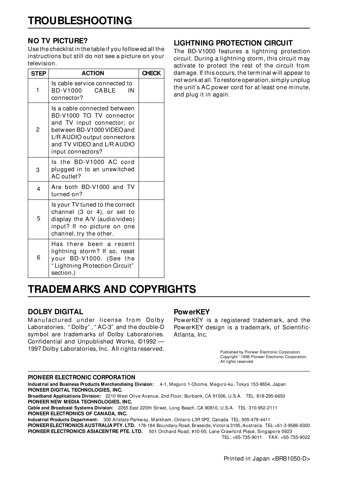 Pioneer Industrial BD-V1000 Series Troubleshooting, Trademarks and Copyrights, No TV PICTURE?, Dolby Digital 