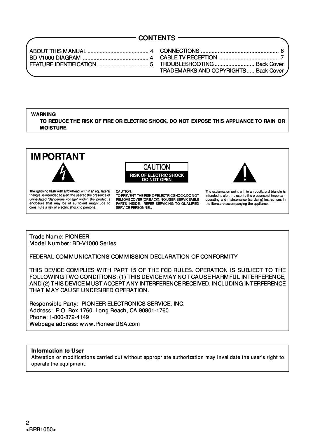 Pioneer Industrial BD-V1000 Series operating instructions Contents, Information to User 