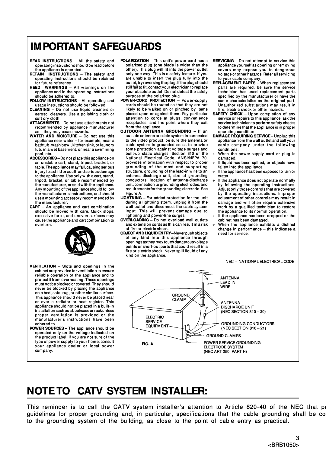 Pioneer Industrial BD-V1000 Series operating instructions Important Safeguards, Note To Catv System Installer, 3 BRB1050 