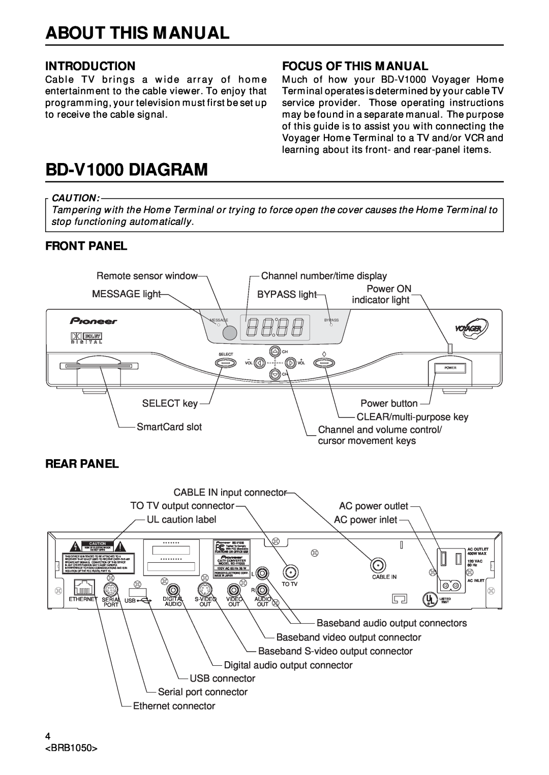 Pioneer Industrial BD-V1000 Series About This Manual, BD-V1000DIAGRAM, Introduction, Focus Of This Manual, Front Panel 