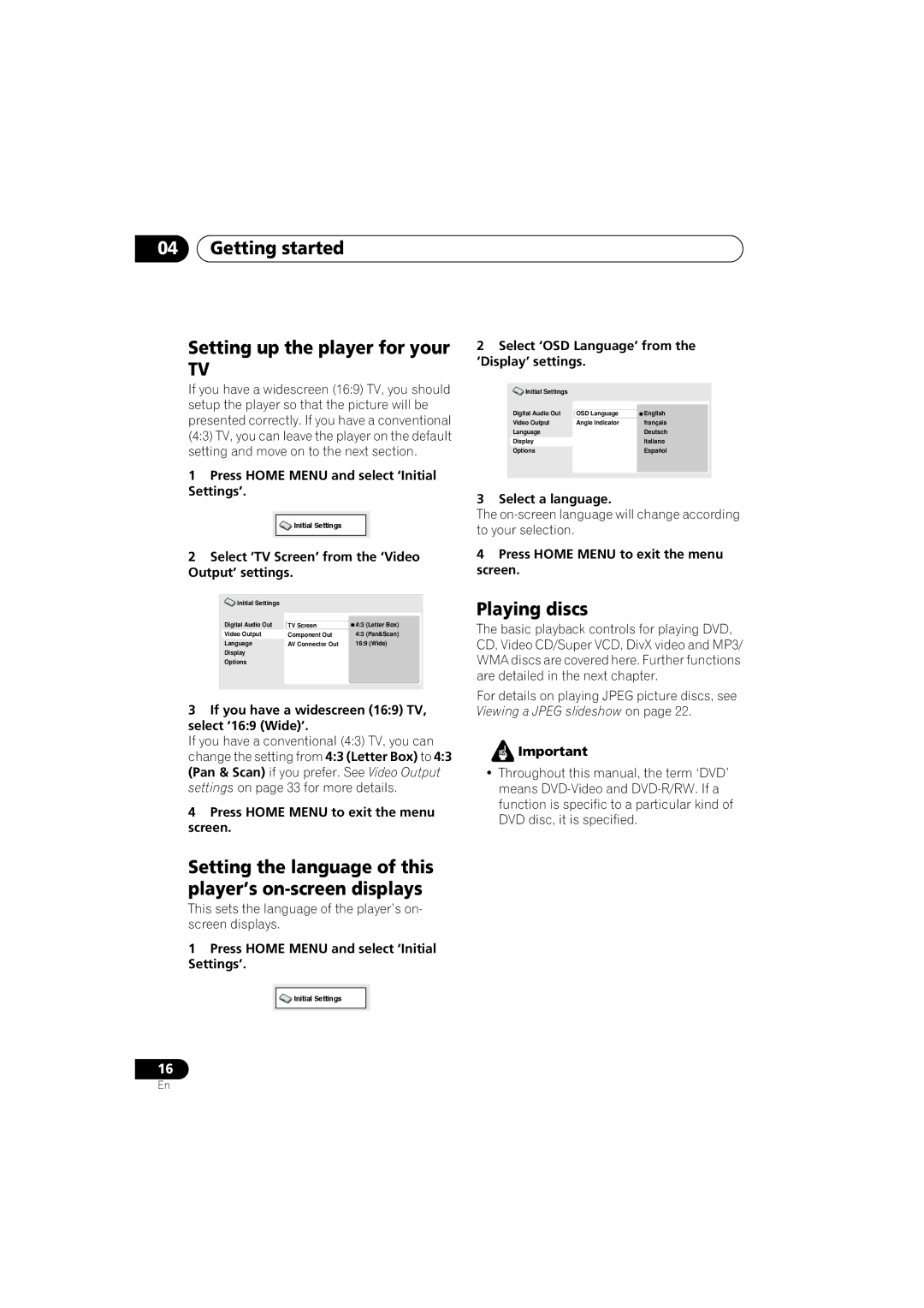 Pioneer Industrial DV-470 operating instructions Getting started Setting up the player for your, Playing discs 