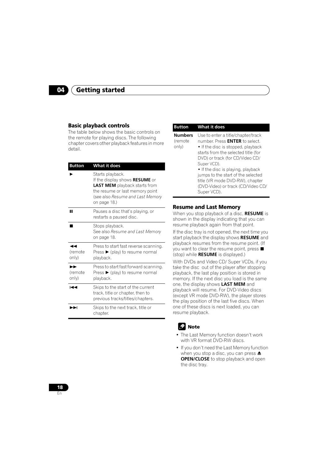 Pioneer Industrial DV-470 operating instructions Basic playback controls, Resume and Last Memory, Numbers 