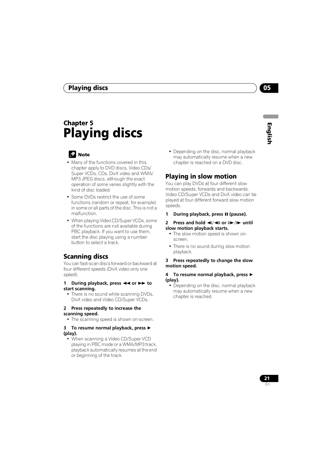 Pioneer Industrial DV-470 operating instructions Playing discs Chapter, Scanning discs, Playing in slow motion 