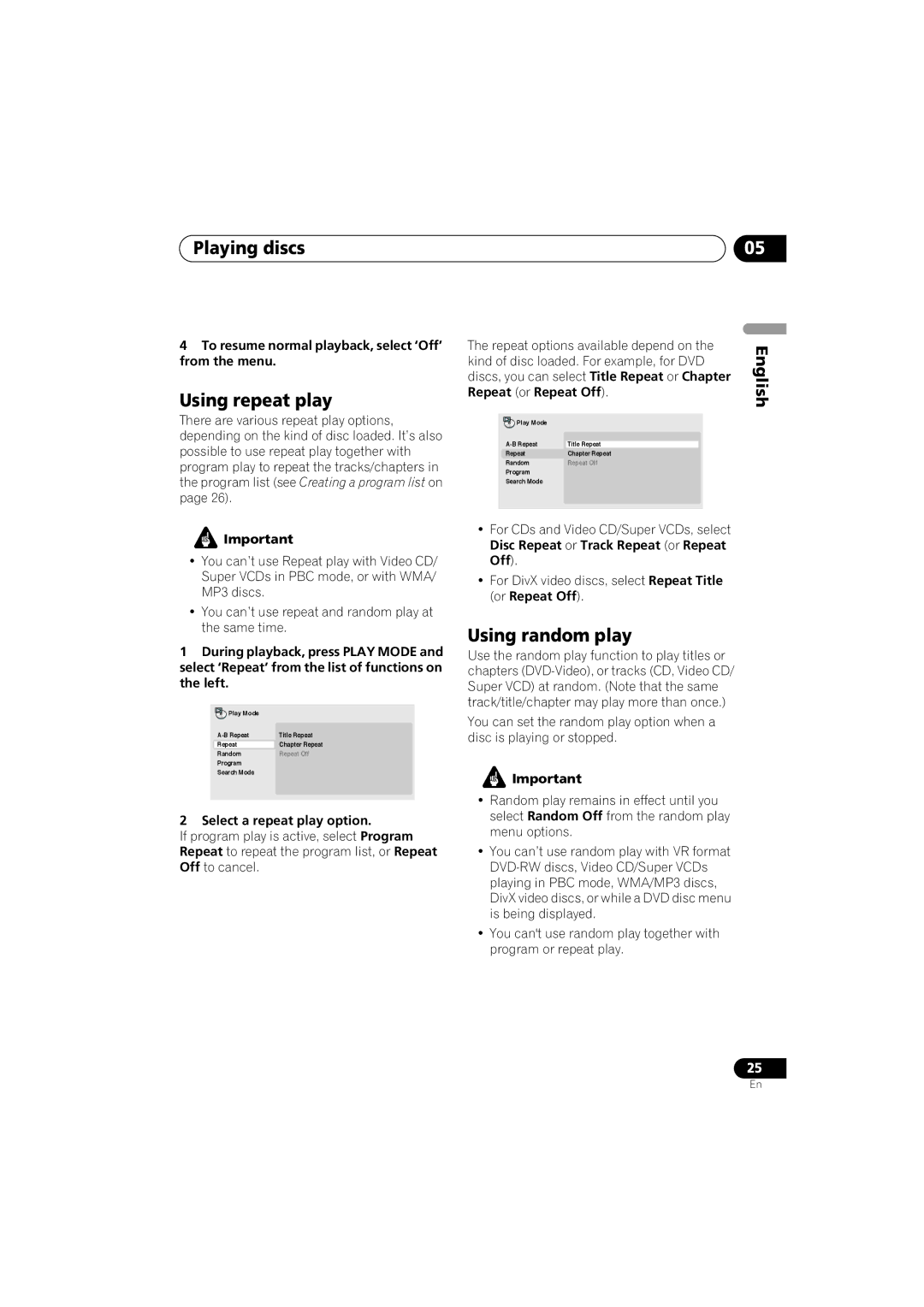 Pioneer Industrial DV-470 Using repeat play, Using random play, To resume normal playback, select ‘Off’ from the menu 