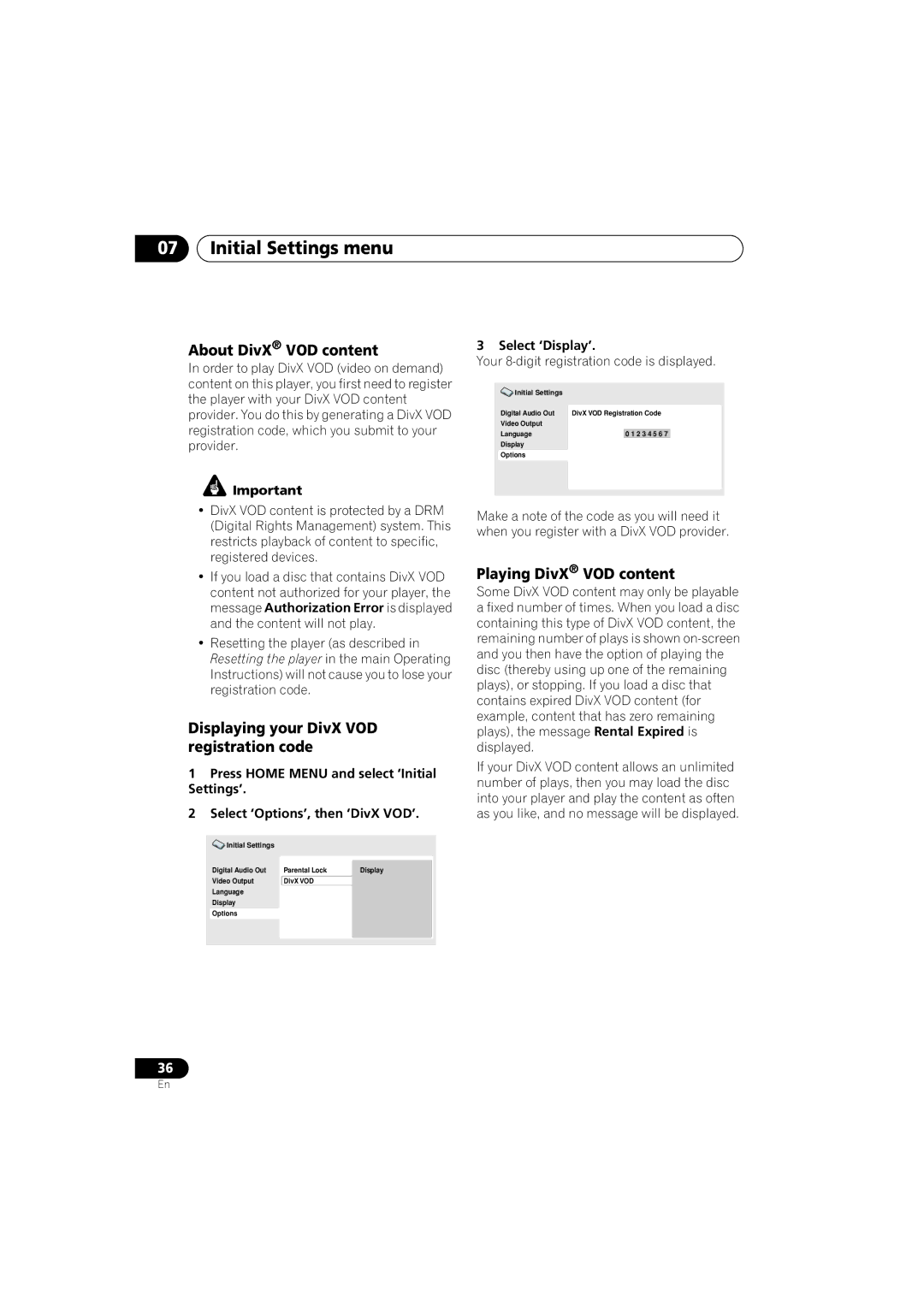 Pioneer Industrial DV-470 About DivX VOD content, Displaying your DivX VOD registration code, Playing DivX VOD content 