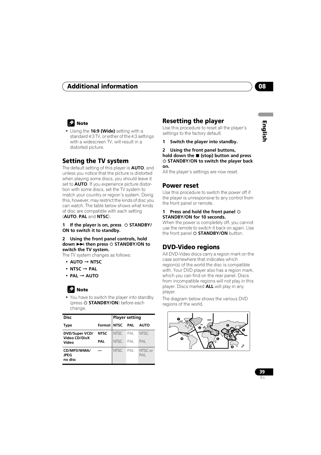 Pioneer Industrial DV-470 Setting the TV system, Resetting the player, Power reset, DVD-Video regions 