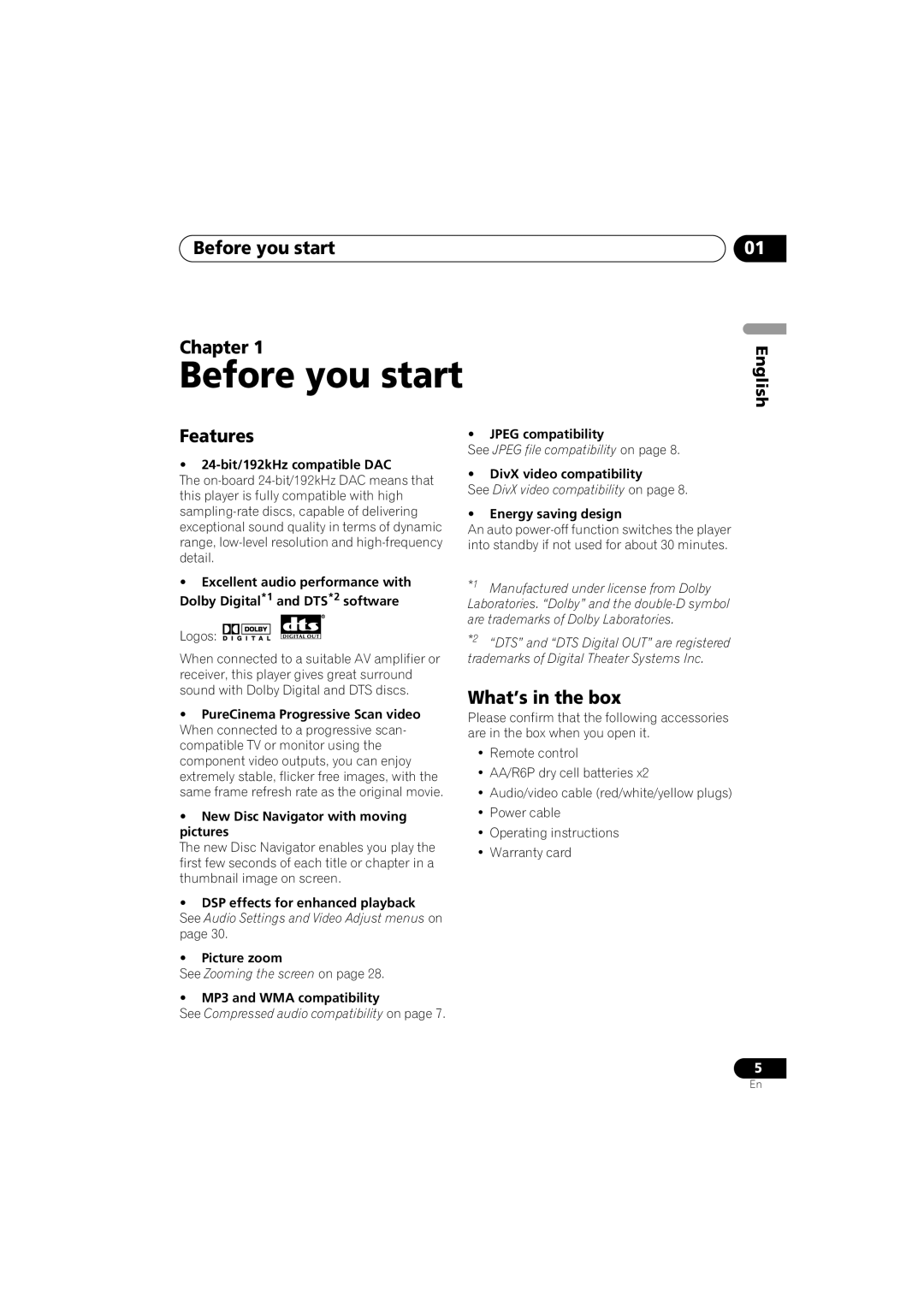 Pioneer Industrial DV-470 operating instructions Before you start Chapter, Features, What’s in the box 