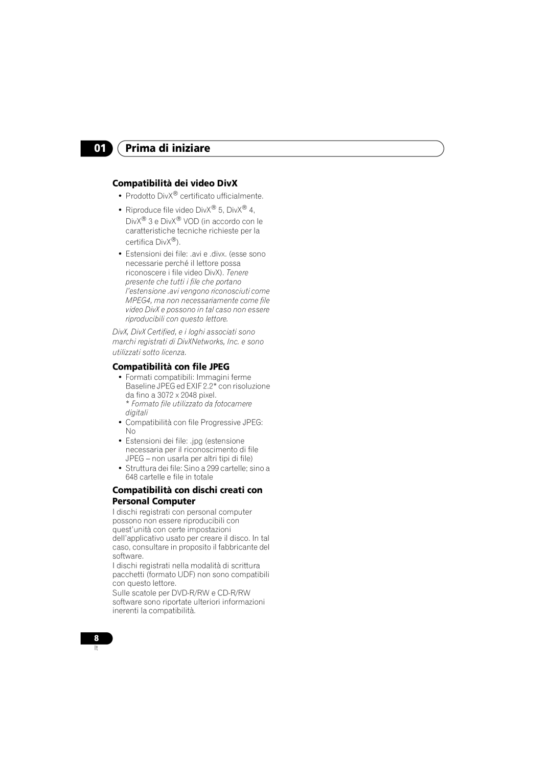 Pioneer Industrial DV-470 operating instructions Compatibilità dei video DivX, Compatibilità con file Jpeg 