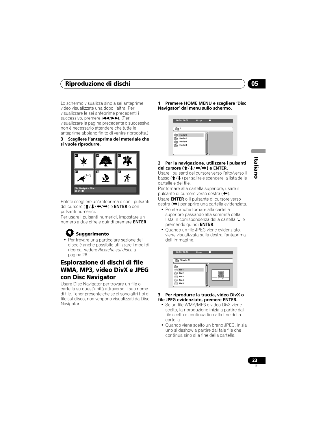 Pioneer Industrial DV-470 operating instructions Scegliere l’anteprima del materiale che si vuole riprodurre, Suggerimento 