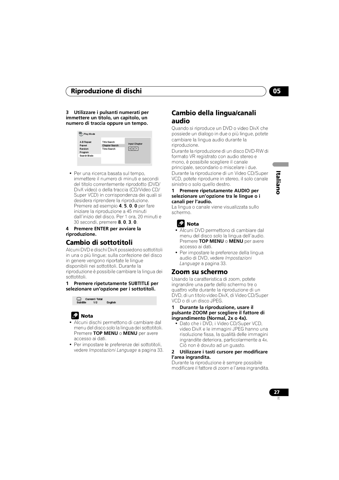 Pioneer Industrial DV-470 operating instructions Cambio di sottotitoli, Cambio della lingua/canali audio, Zoom su schermo 