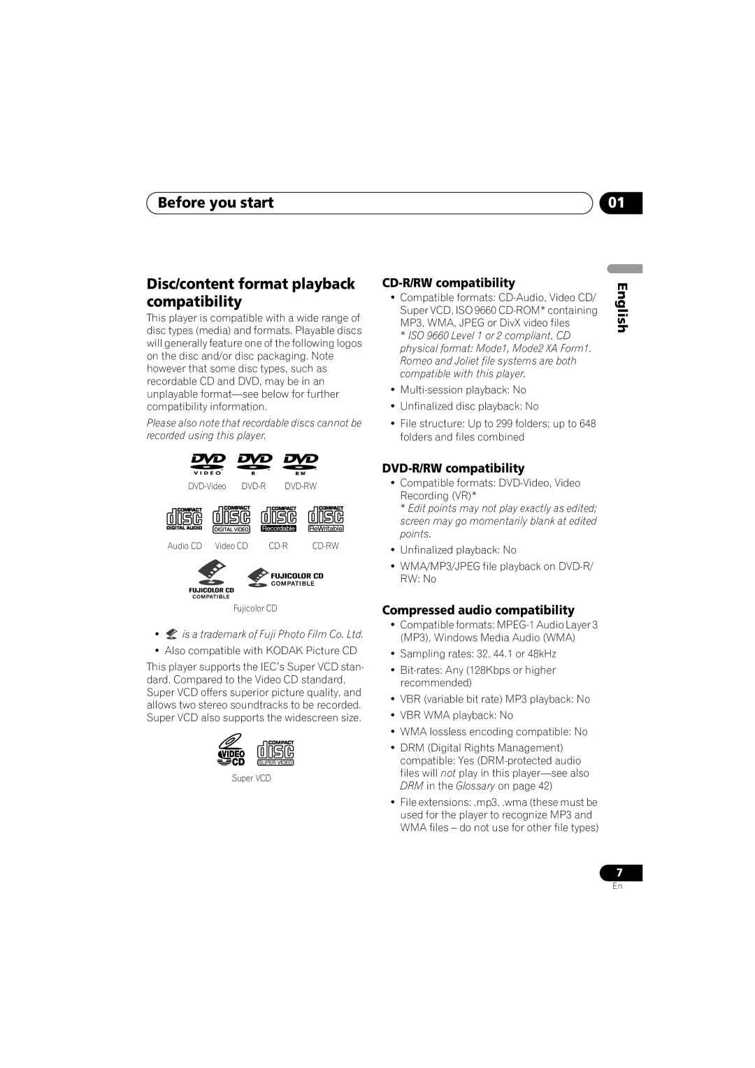 Pioneer Industrial DV-470 Before you start Disc/content format playback compatibility, CD-R/RW compatibility 