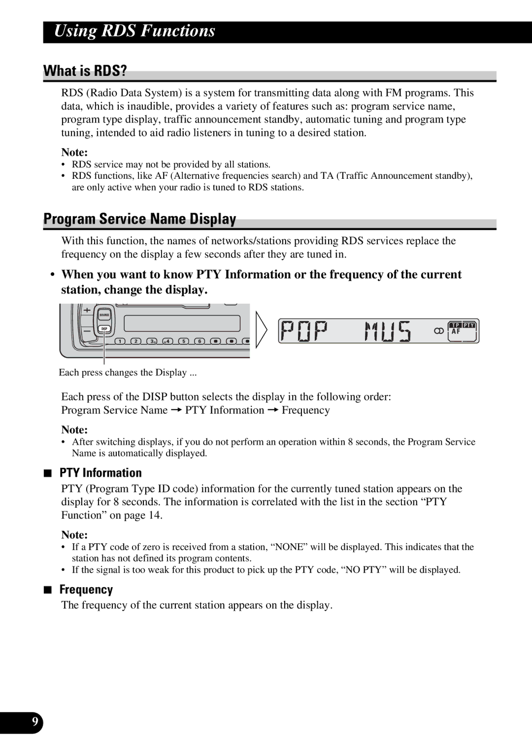 Pioneer KEH-3930R, KEH-3900R Using RDS Functions, What is RDS?, Program Service Name Display, PTY Information, Frequency 