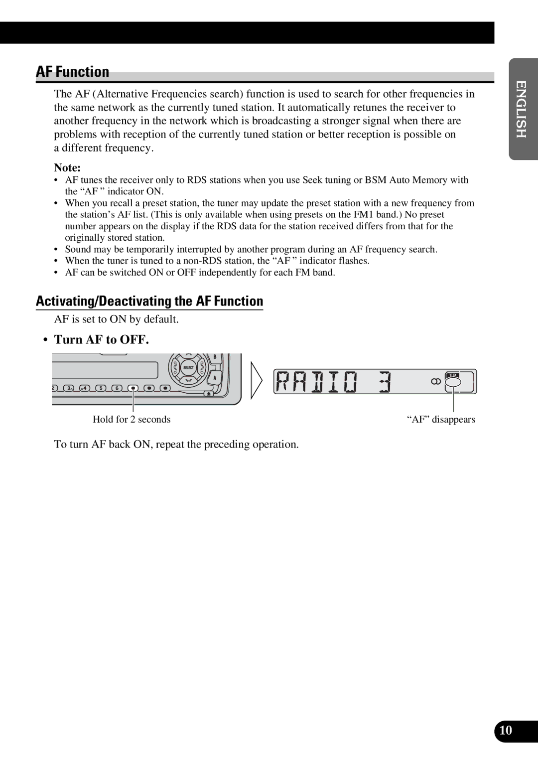 Pioneer KEH-3900R, KEH-3930R operation manual Activating/Deactivating the AF Function, Turn AF to OFF 