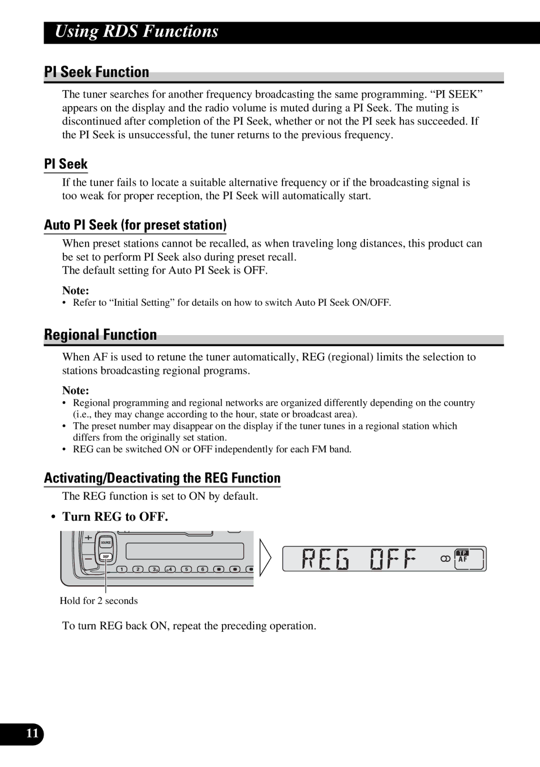 Pioneer KEH-3930R, KEH-3900R operation manual PI Seek Function, Regional Function, Auto PI Seek for preset station 