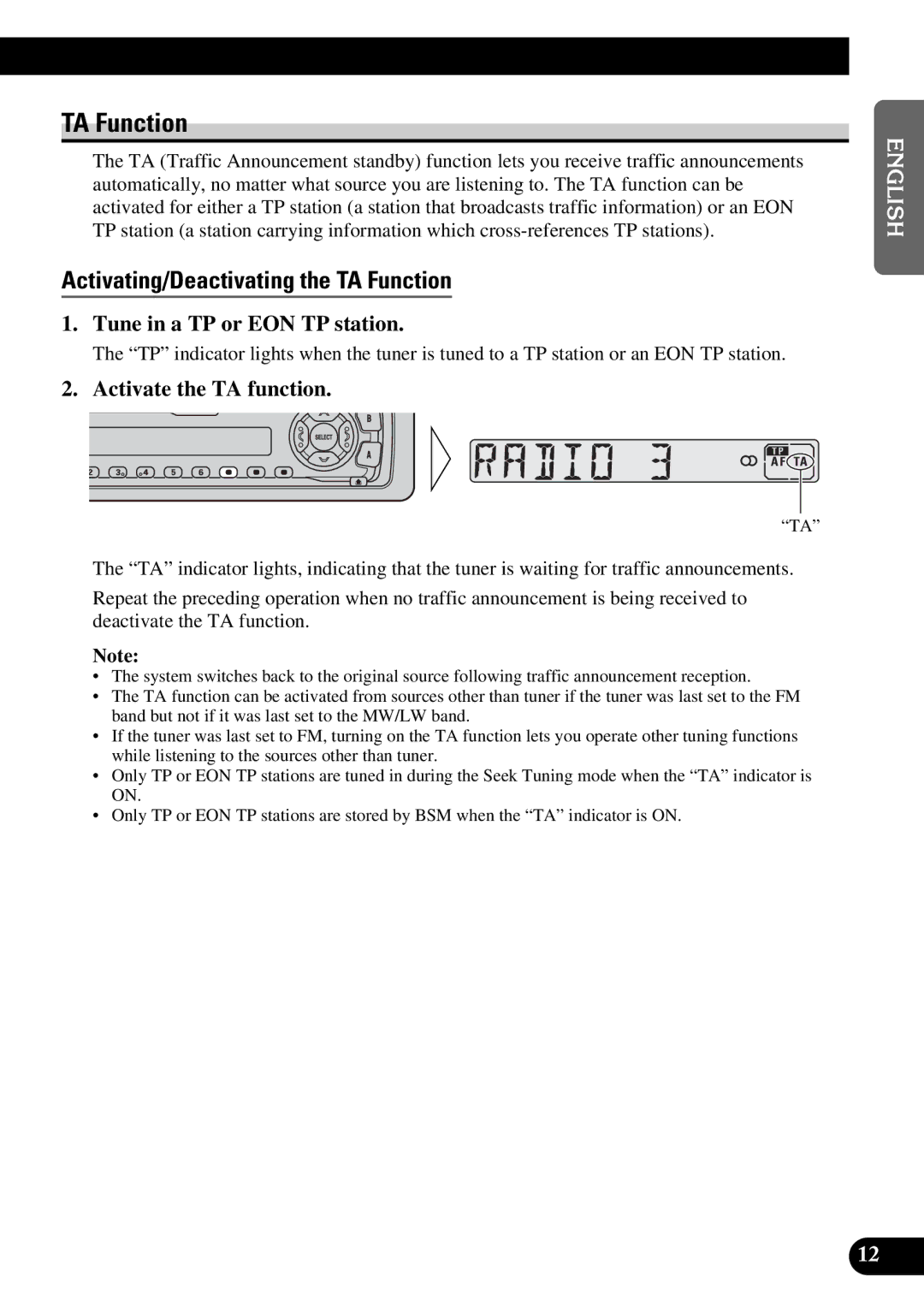 Pioneer KEH-3900R Activating/Deactivating the TA Function, Tune in a TP or EON TP station, Activate the TA function 