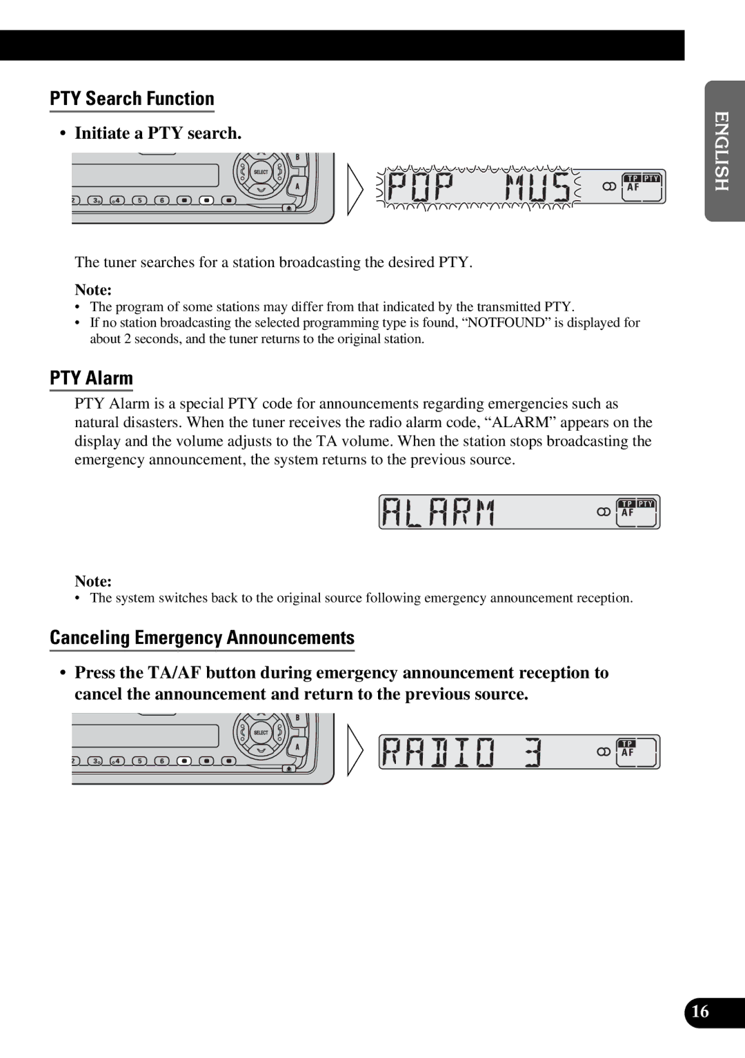 Pioneer KEH-3900R, KEH-3930R PTY Search Function, PTY Alarm, Canceling Emergency Announcements, Initiate a PTY search 