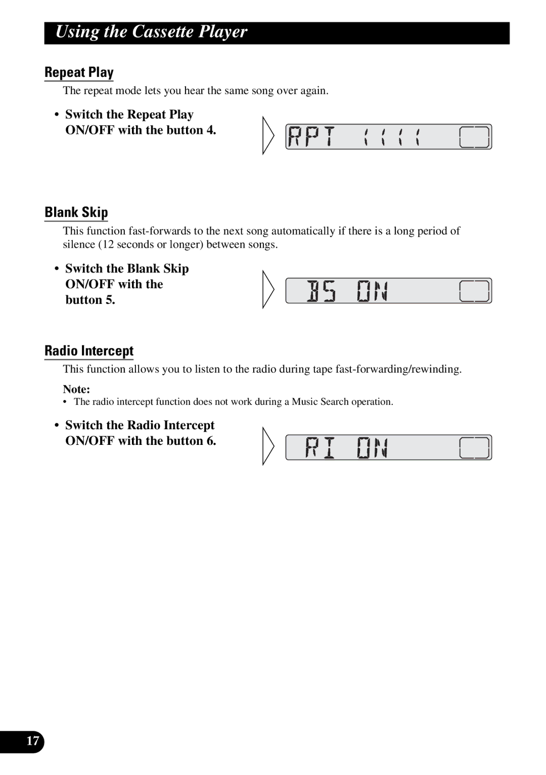 Pioneer KEH-3930R, KEH-3900R operation manual Using the Cassette Player, Repeat Play, Blank Skip, Radio Intercept 