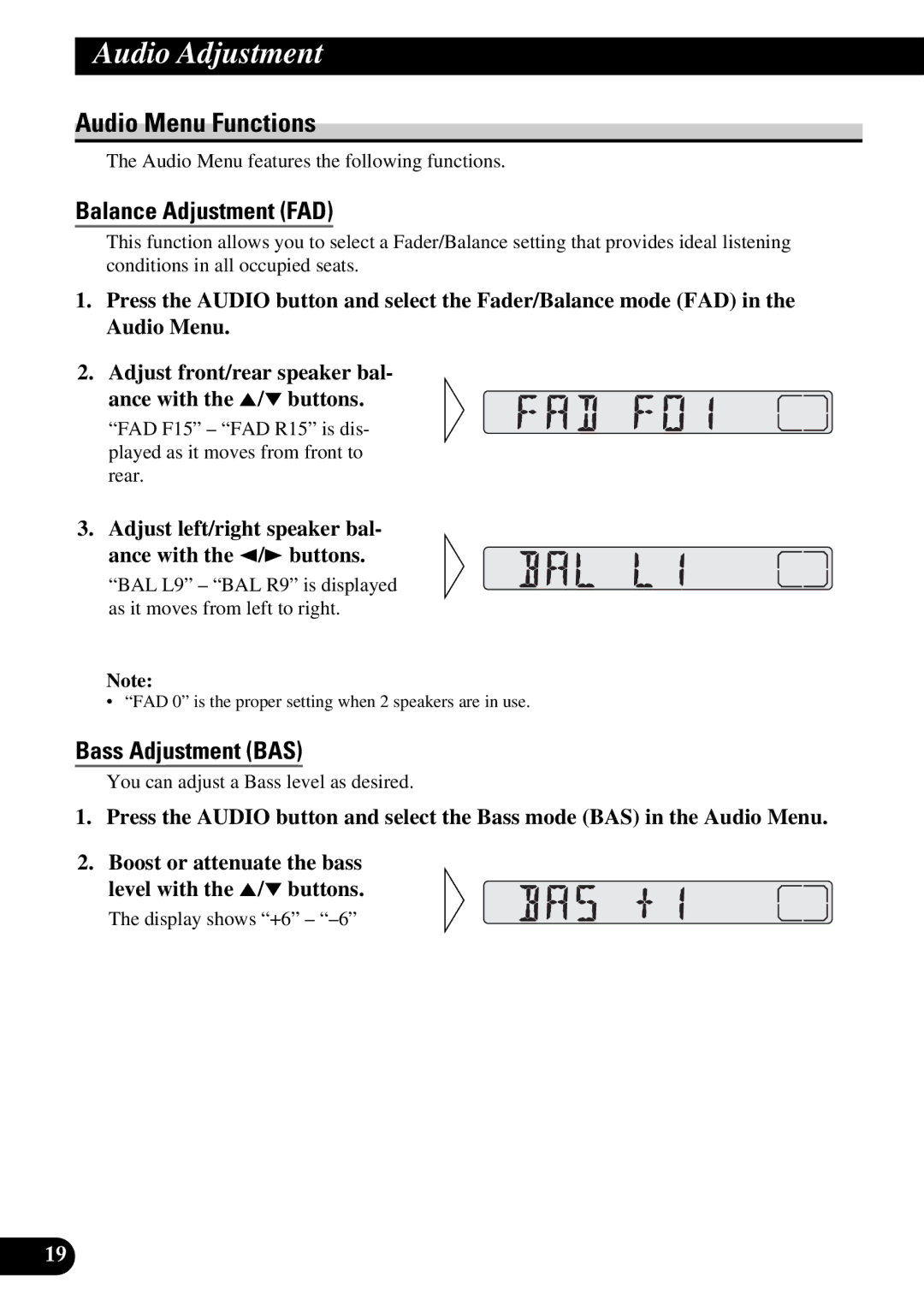 Pioneer KEH-3930R, KEH-3900R operation manual Audio Menu Functions, Balance Adjustment FAD, Bass Adjustment BAS 