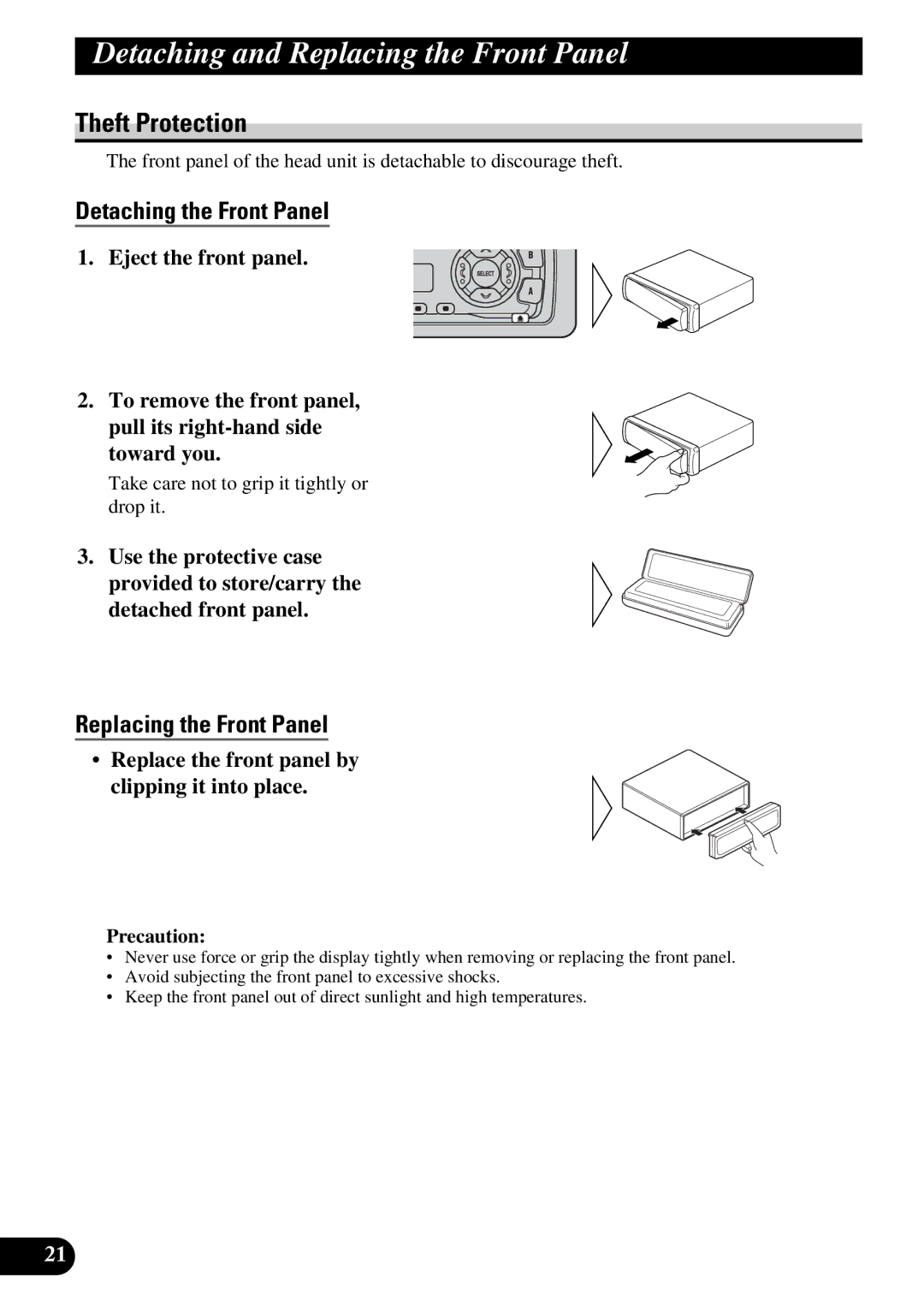 Pioneer KEH-3930R, KEH-3900R Detaching and Replacing the Front Panel, Theft Protection, Detaching the Front Panel 